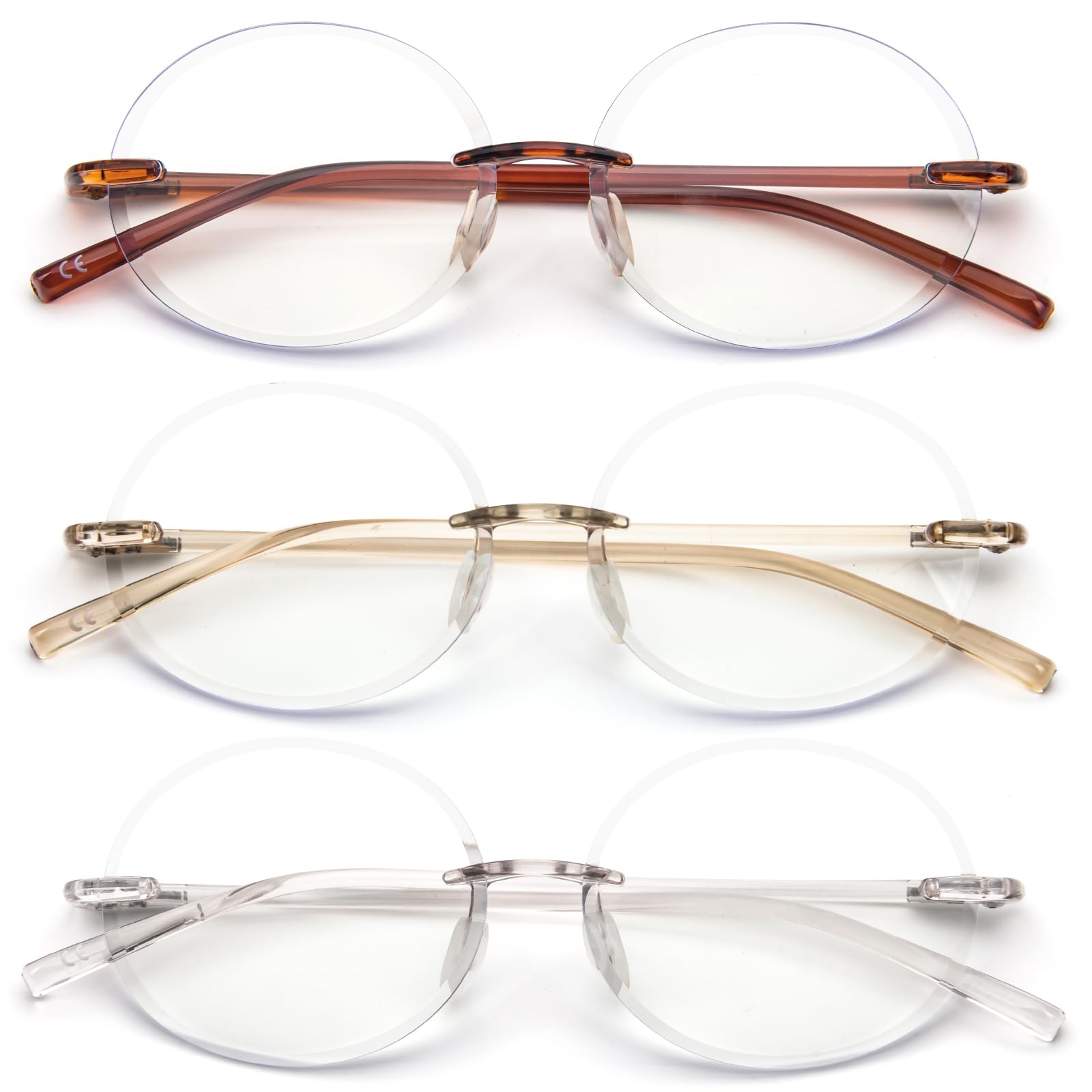 KoKoBin 3 Pack Rimless Round Reading Glasses - Blue Light Blocking Computer Glasses for Men & Women - Anti-Eye Strain for Office Work, Gaming & Screen Time