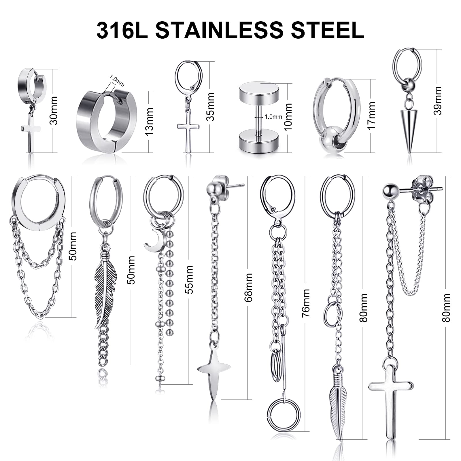 FIFATA 20 Pack Stainless Steel Men's Earrings Set - Black Chain Hoop, Cross, Moon & Star Dangle Earrings for Men & Women | Trendy Body Jewelry for Parties, Gifts & Everyday Wear
