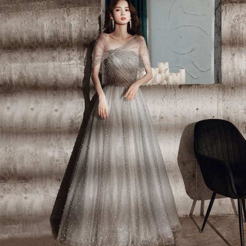 Elegant Beaded Gray Tulle Prom Dress - A-Line Formal Evening Gown for Homecoming, Quinceañera & Special Occasions