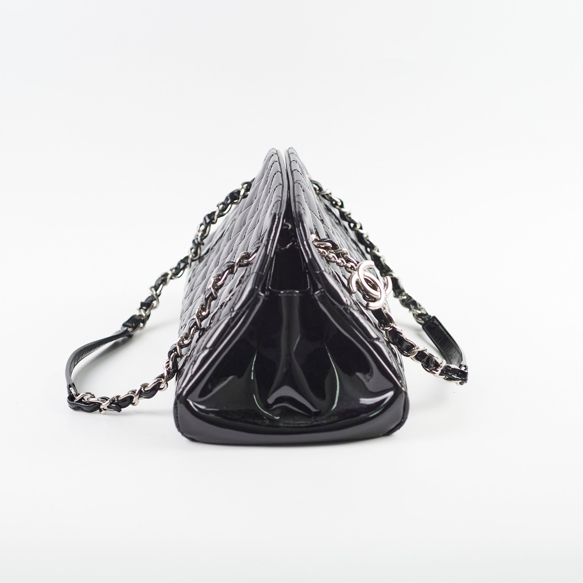 Chanel Mademoiselle Matelasse Coco Mark Bowling Bag in Patent Black Leather - Luxury Designer Handbag for Women, Perfect for Work, Travel & Evening Events