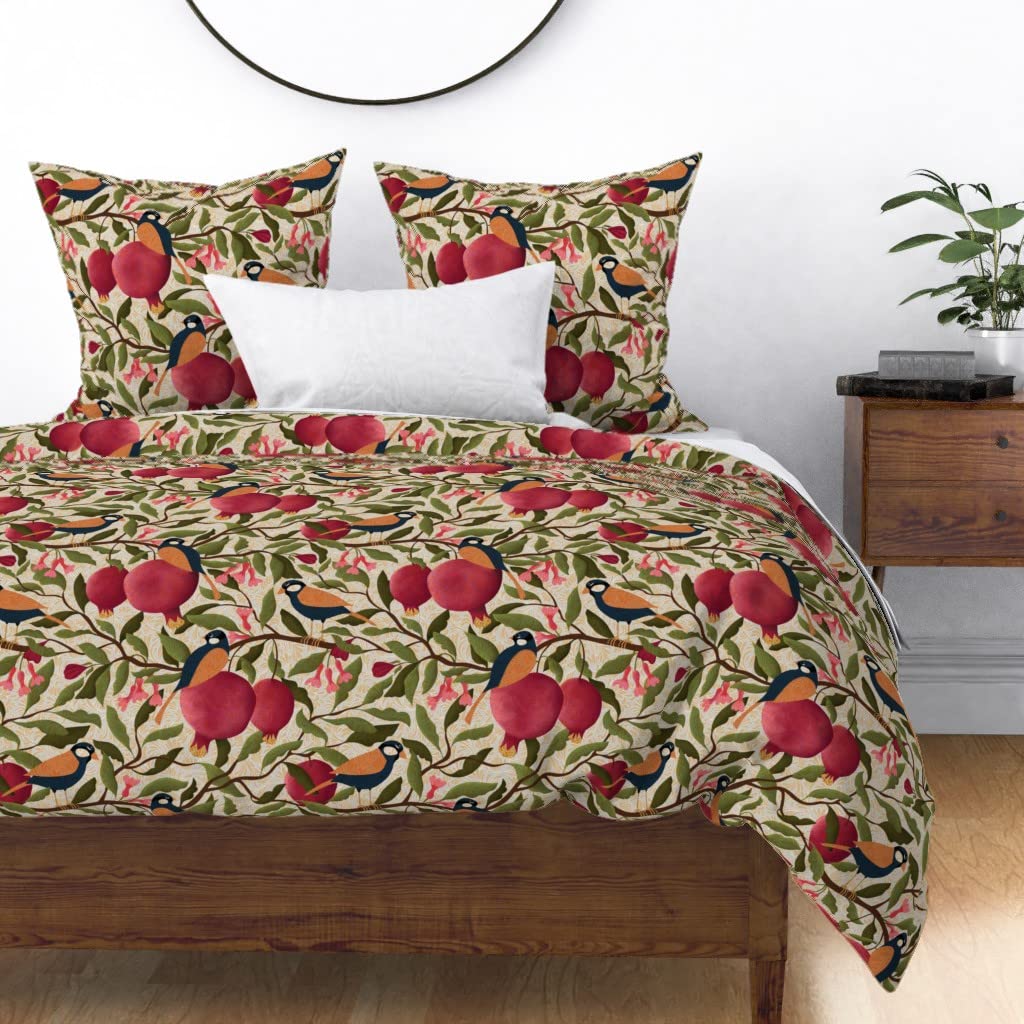 Custom Autumn Pomegranates with Chickadees Print Cotton Sateen Duvet Cover | King & California King Size | Spoonflower Premium Bedding for Cozy Fall Bedroom Decor