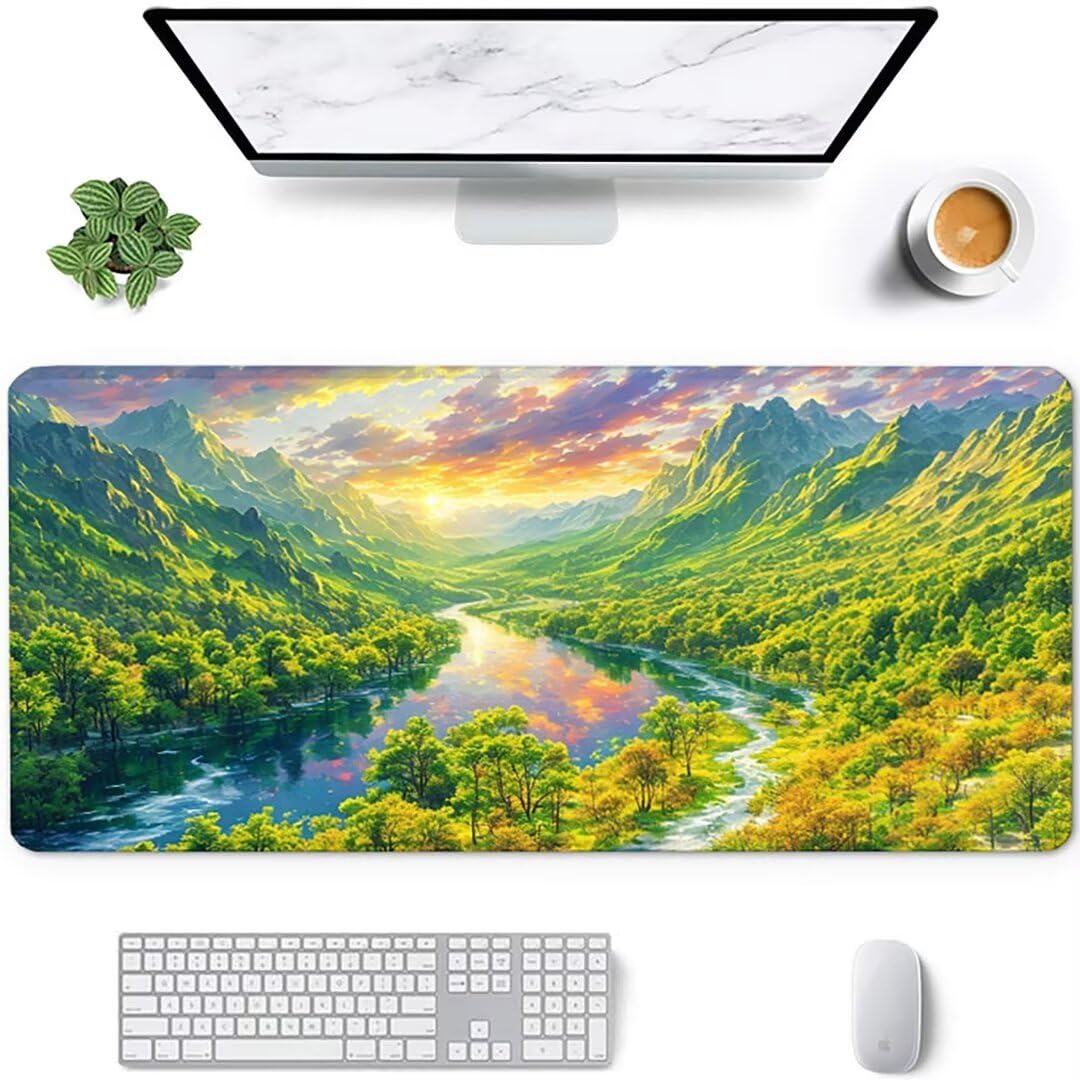 XXL Gaming Mouse Pad 36x16 Inches - Extra Large Non-Slip Desk Mat for Office & PC Gaming - 3mm Thick Landscape Green Extended Mousepad (900x400mm) - Perfect for Work, Gaming & Home Office Setup