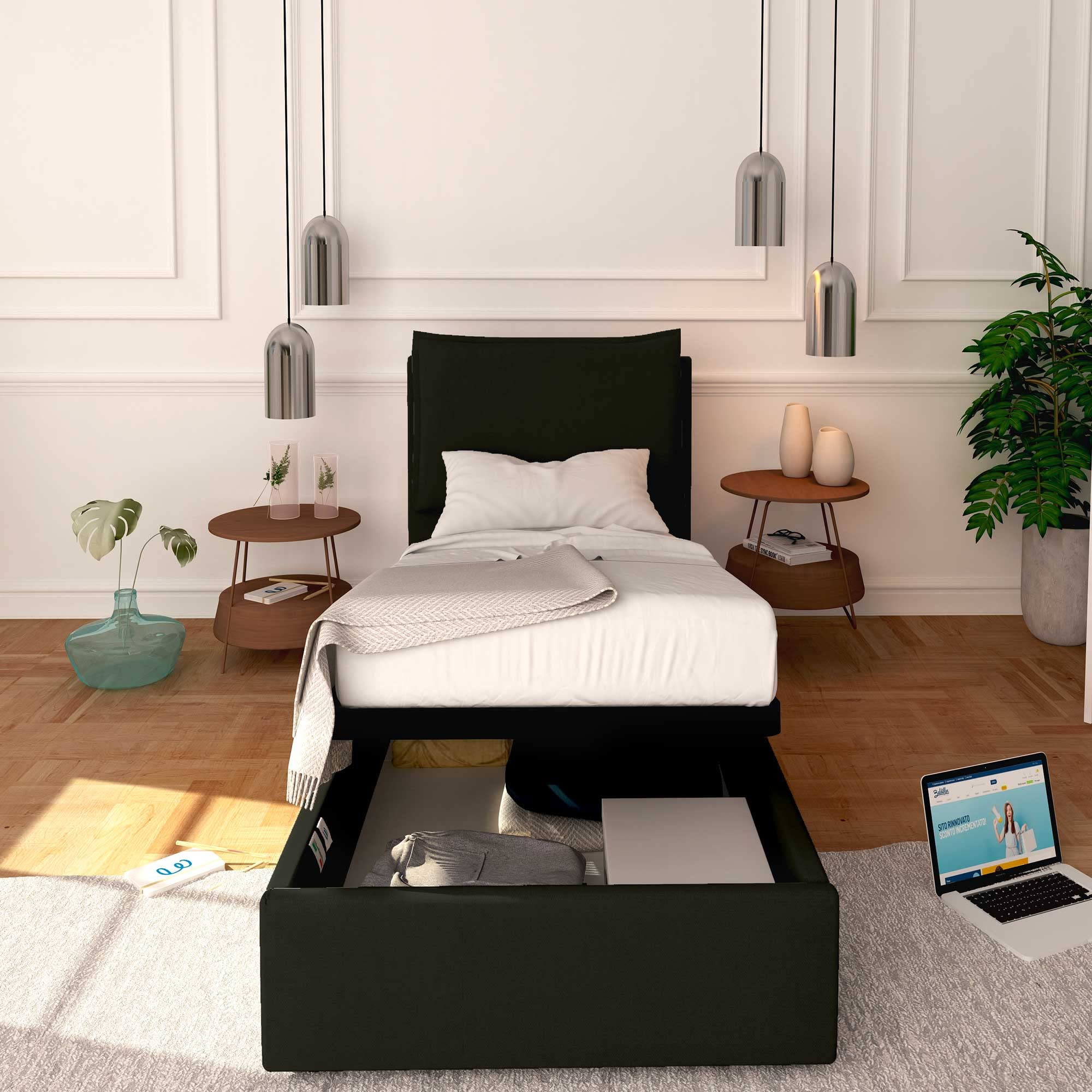 Baldiflex Single Bed Frame with Storage - Licia Model, Synthetic Leather Upholstery, Slatted Base for Single Mattresses, 90 x 190 cm, Padded Headboard, Black - Perfect for Small Bedrooms, Guest Rooms & Studio Apartments