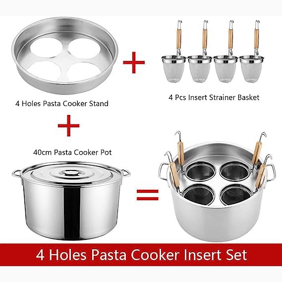 RSBFER Commercial Stainless Steel Pasta Cooker Set with Divider & Colander Strainer - 4 Hole Pasta Pot Insert for Noodles, Vegetables | Perfect for Restaurants, Catering & Home Cooking
