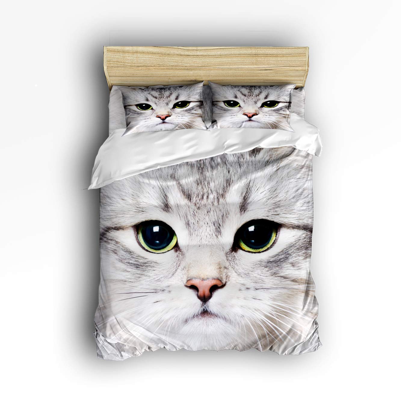 Smile Sunflower Queen Size Bedding Set - Cute Cat Kitten Portrait Duvet Cover with 1 Flat Sheet & 2 Pillowcases | Soft Lightweight Comforter Cover for Girls Bedroom, Dorm, Guest Room