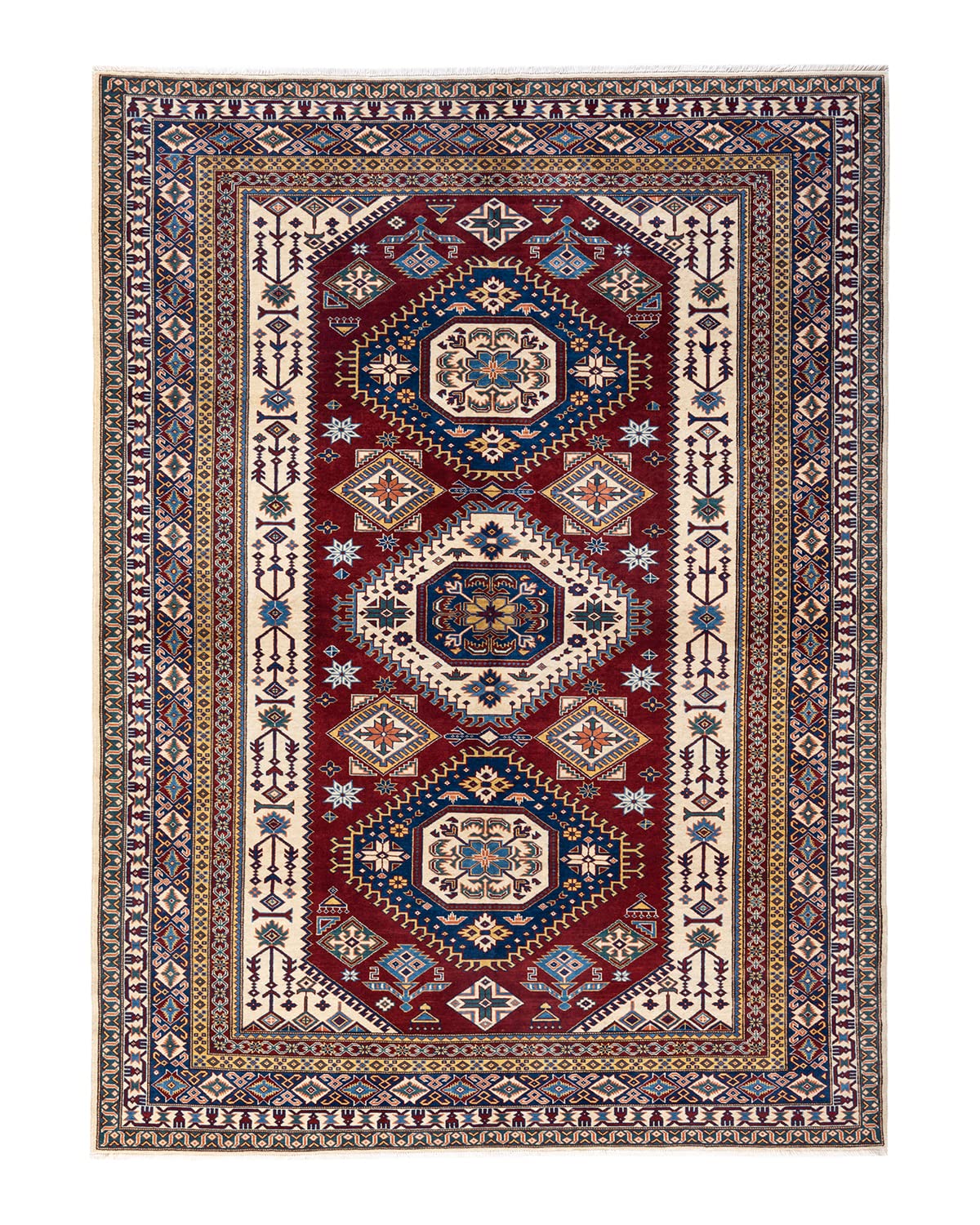 Handmade Bohemian Wool Area Rug 7x10 ft - Unique Hand-Knotted Tribal Design in Red - Perfect for Living Room, Bedroom, or Boho Home Decor