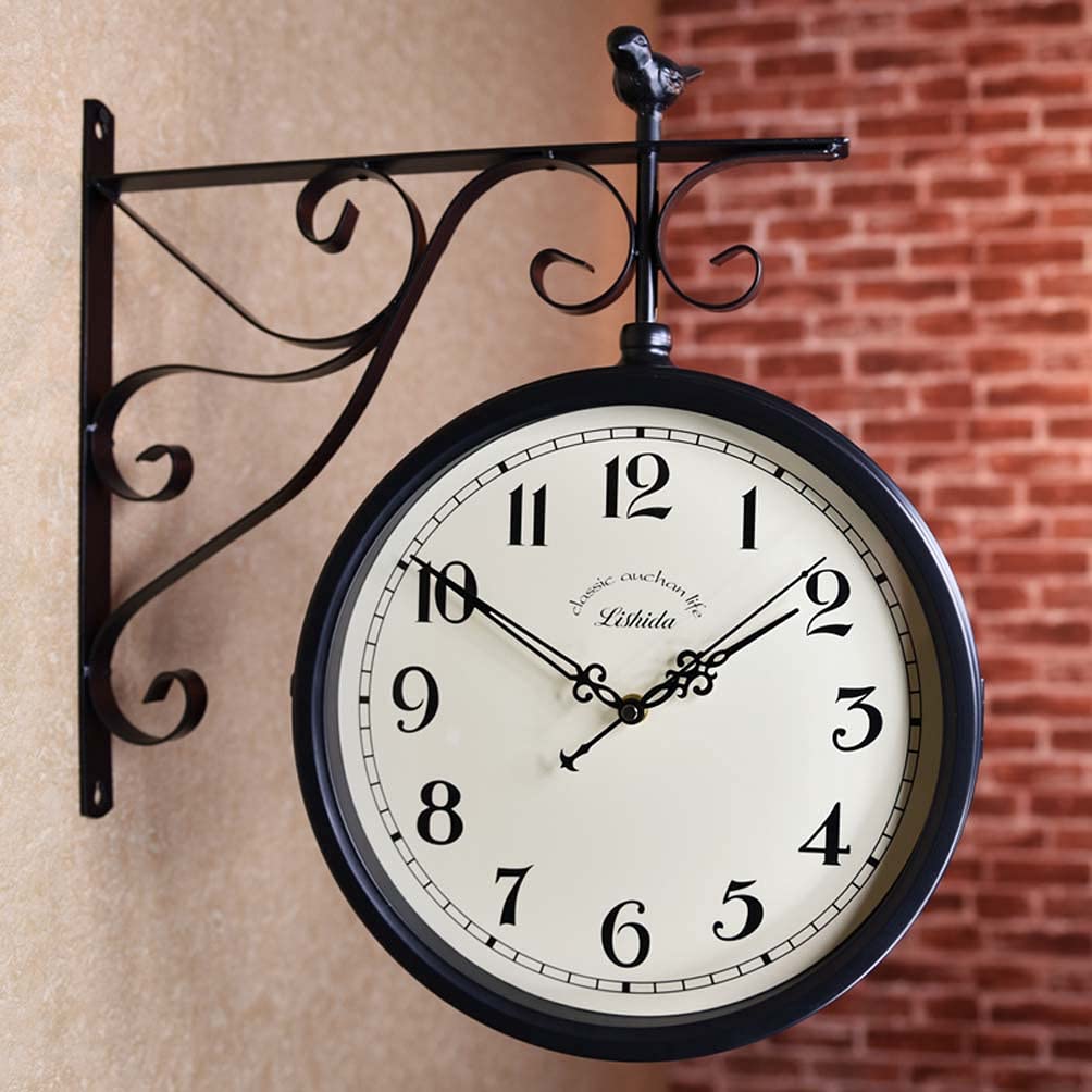 Vintage Double Sided Wall Clock - Paddington Station Style 360° Rotating Wrought Iron Wall Watch for Home, Office & Garden Decor | Perfect for Living Room, Bedroom, Patio & Outdoor Spaces