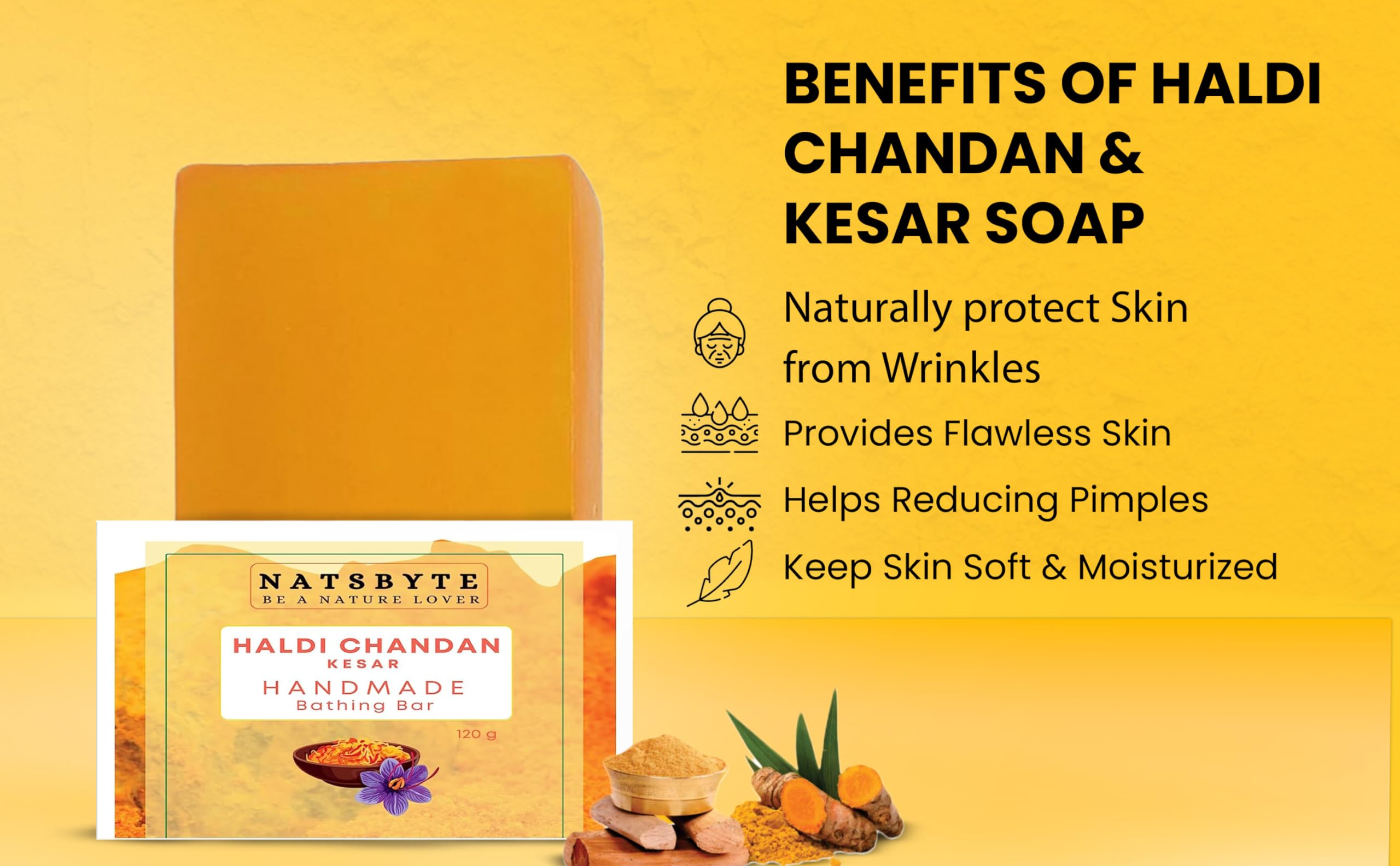 NATSBYTE Handmade Haldi Chandan Kesar Soap | Vitamin E | Paraben-Free | for All Skin Types | Pack of 3 | Daily Skincare & Bath