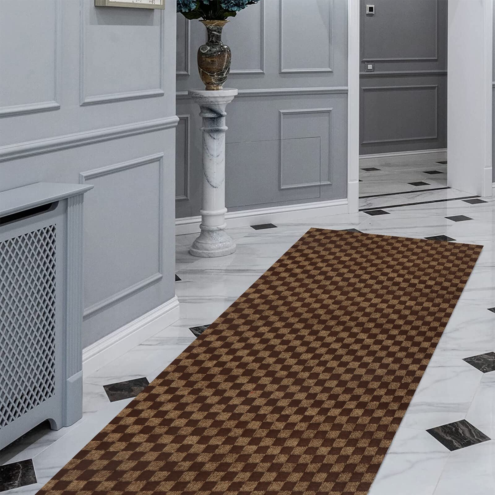 FREADEM 2' x 41' Runner Rugs - Non-Slip Indoor Outdoor Carpet for Hallway, Stairs, Entryway - Brown Checkered Design - Perfect for Home, Office, Balcony & Garage Use