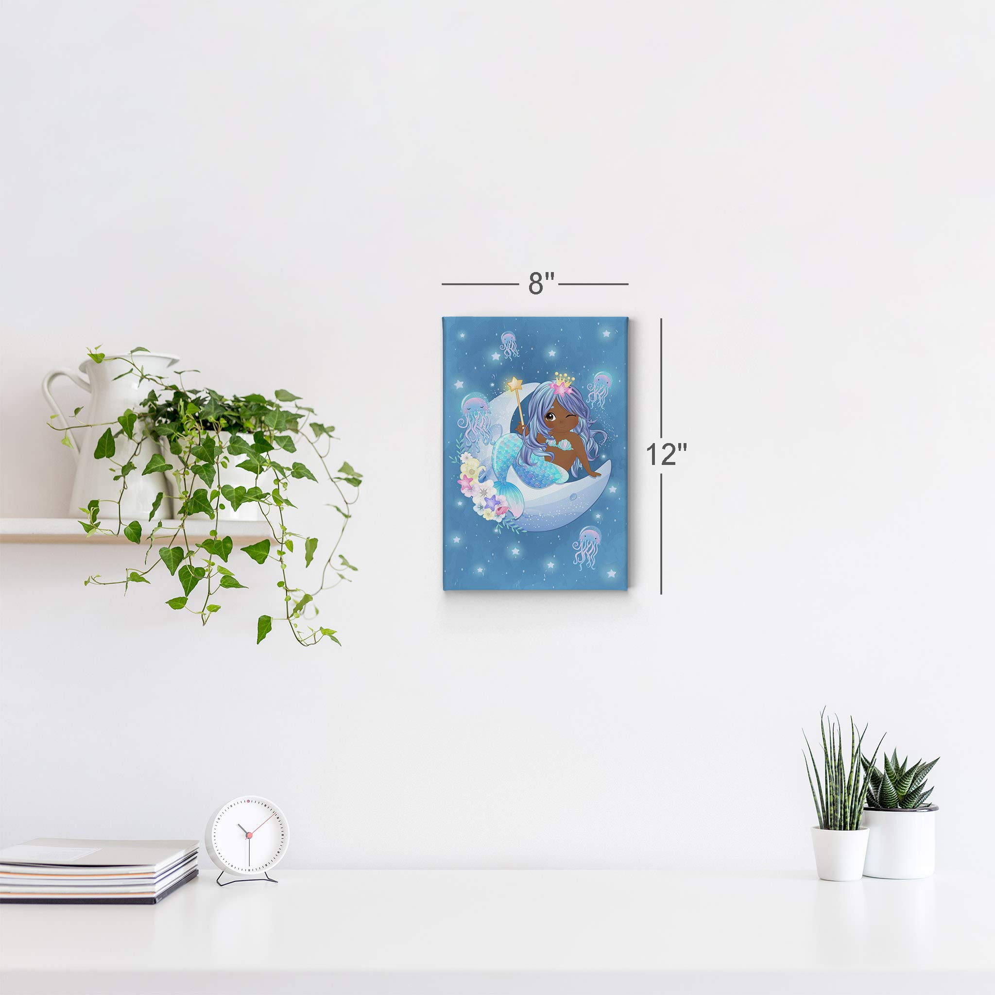African American Mermaid Girl Canvas Print - Blue Haired Child Sitting on Crescent Moon with Stars, Night Sky Nursery Wall Art for Kids Room, Black Baby Decor, Ready to Hang 40x30 - Perfect for Bedroom, Playroom & Baby Shower Gifts