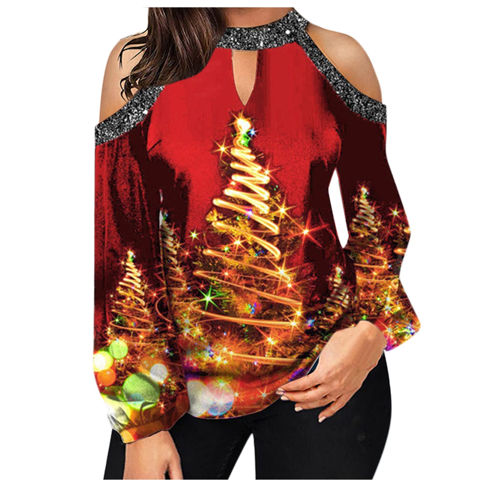 Women's Off Shoulder Long Sleeve Christmas Sweater - Casual Pullover Blouse for Holiday Parties, Family Gatherings & Festive Outfits