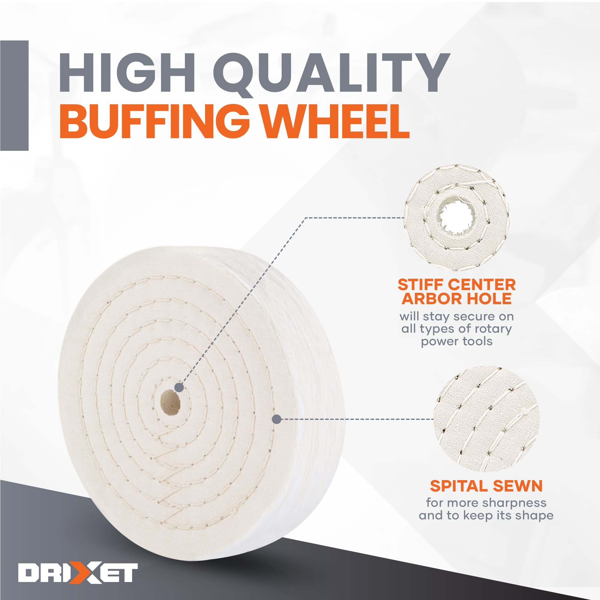 Drixet 6 Inch Extra Thick Buffing Wheels for Bench Grinder - 80 Ply Fine Cotton Sewn Rigid Treated Spiral Polishing Wheel with 1/2” Arbor Hole (2 Pack) - Perfect for Metal Polishing, Jewelry Making & Automotive Detailing