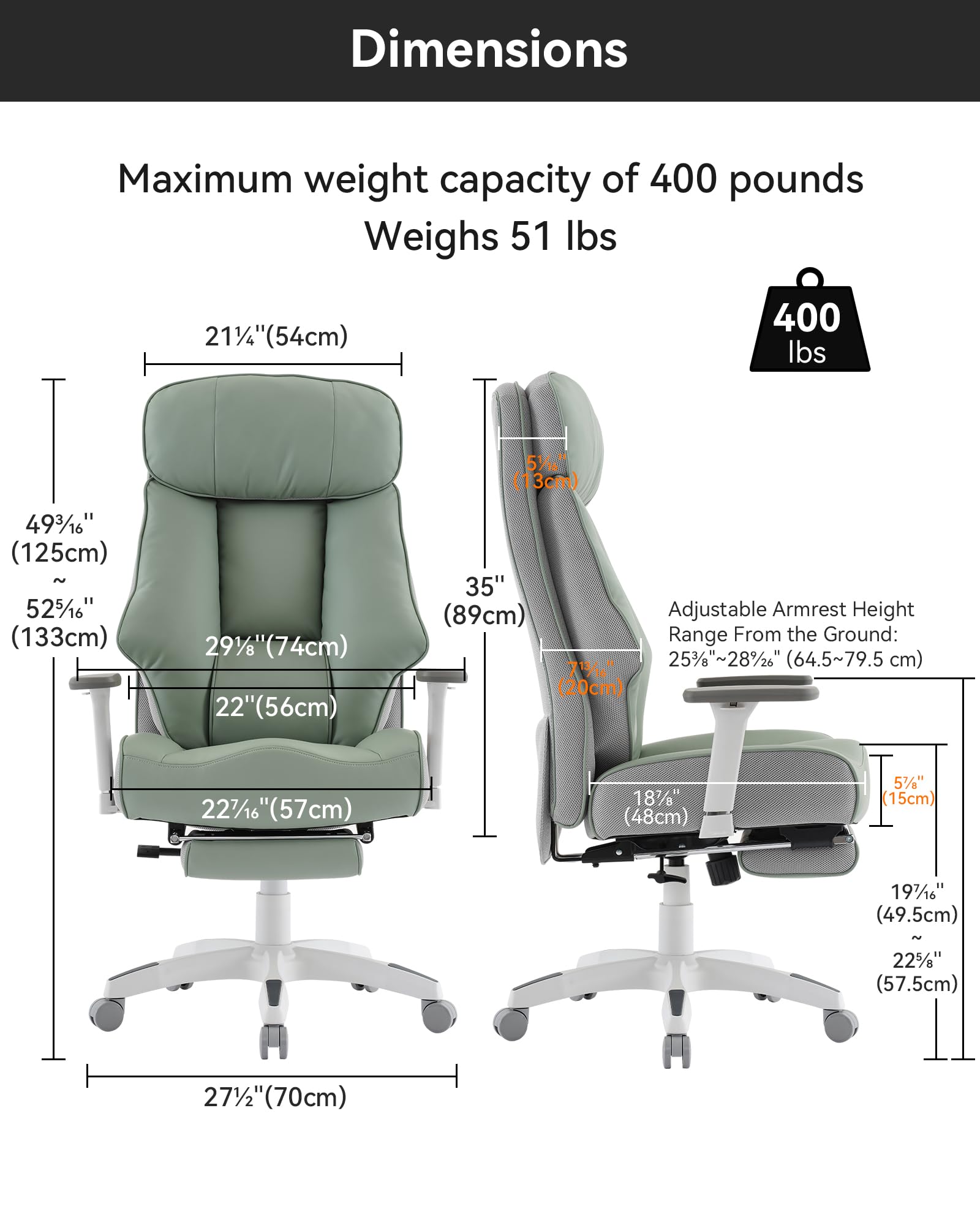 Premium Big and Tall Executive Office Chair 400lbs Capacity - High Back Support with Adjustable Footrest - Oversized Leather Chair for Heavy People (Green) - Ideal for Home Office, Gaming, and Workspace Comfort