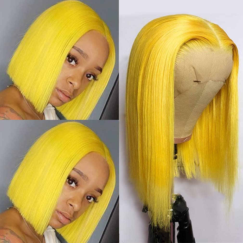 Yellow Bob Wigs Human Hair 10 Inches Silky Straight Glueless 13x4 Lace Front Bleached Knots Pre Plucked with Baby Hair | HD Transparent Lace Frontal Bob Wigs Blunt Cut 180% Density | Perfect for Cosplay, Halloween, Daily Fashion & Special Occasions for Women