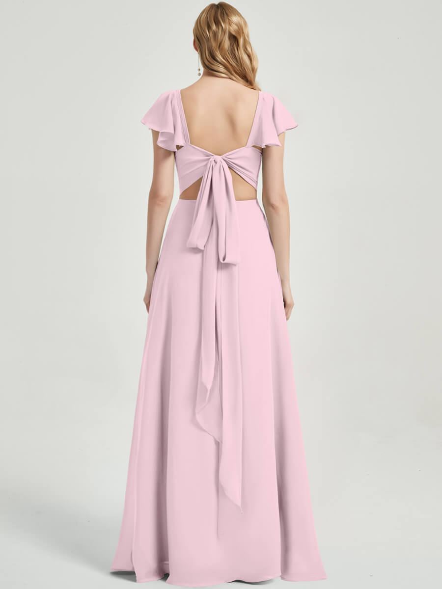 Elegant Blush Pink Ruffle Cap Sleeve V-Neck Floor-Length Bridesmaid Dress with High Slit - Perfect for Weddings, Formal Events & Prom