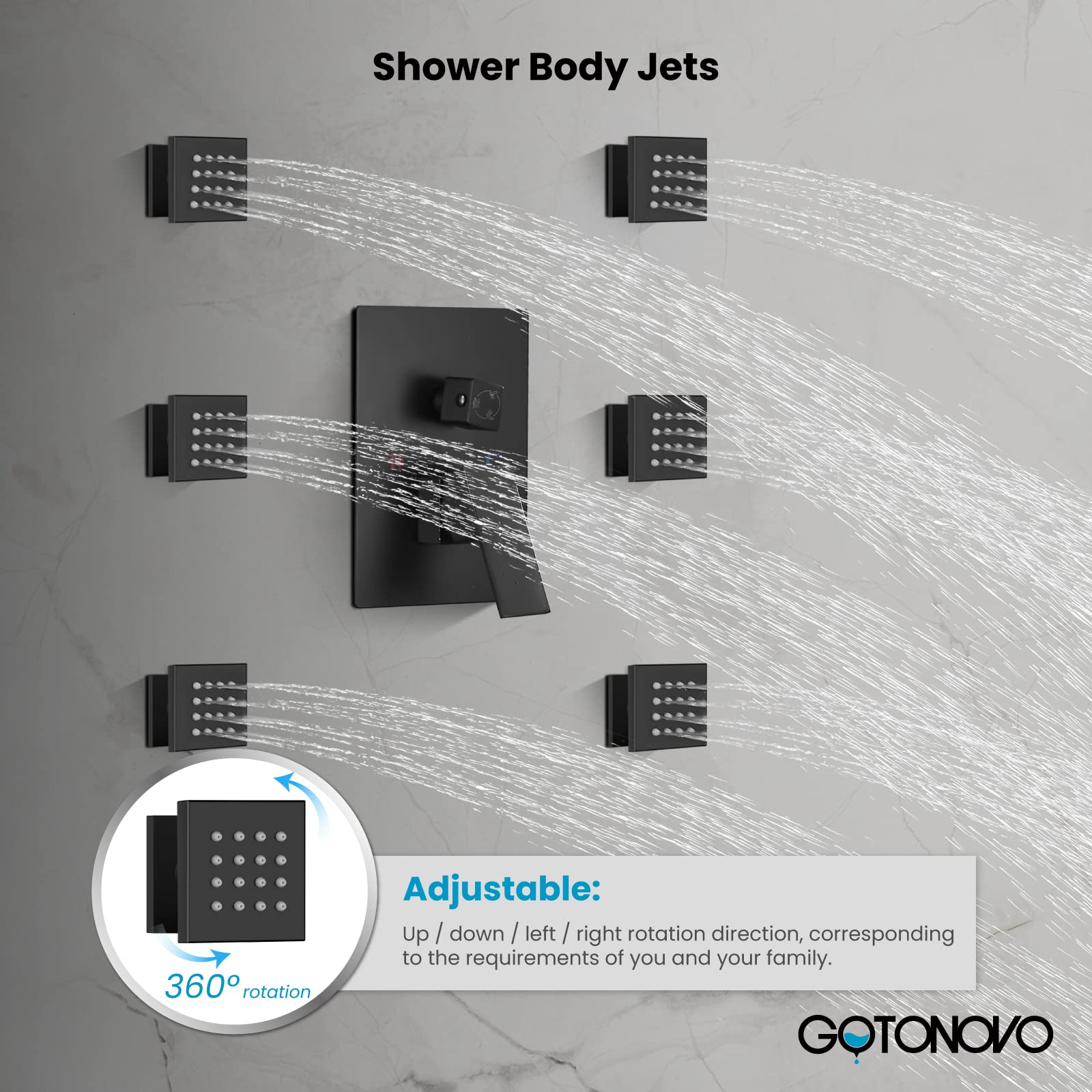 Gotonovo Matte Black Ceiling Mounted Rain Mixer Shower Faucet Set - 12 Inch Square Rainfall Shower Head with 6 Body Spray Jets, Brass Handheld Shower & Rough-in Valve - Perfect for Luxury Bathroom & Spa Experience