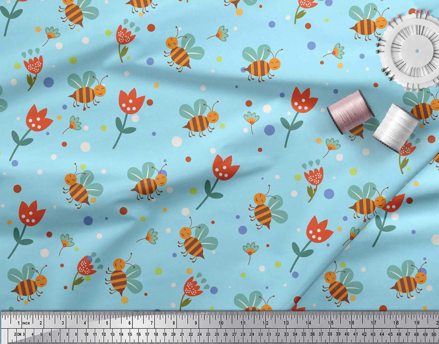 Soimoi Blue Georgette Viscose Fabric - Floral Honey Bee Print for Dresses & Scarves