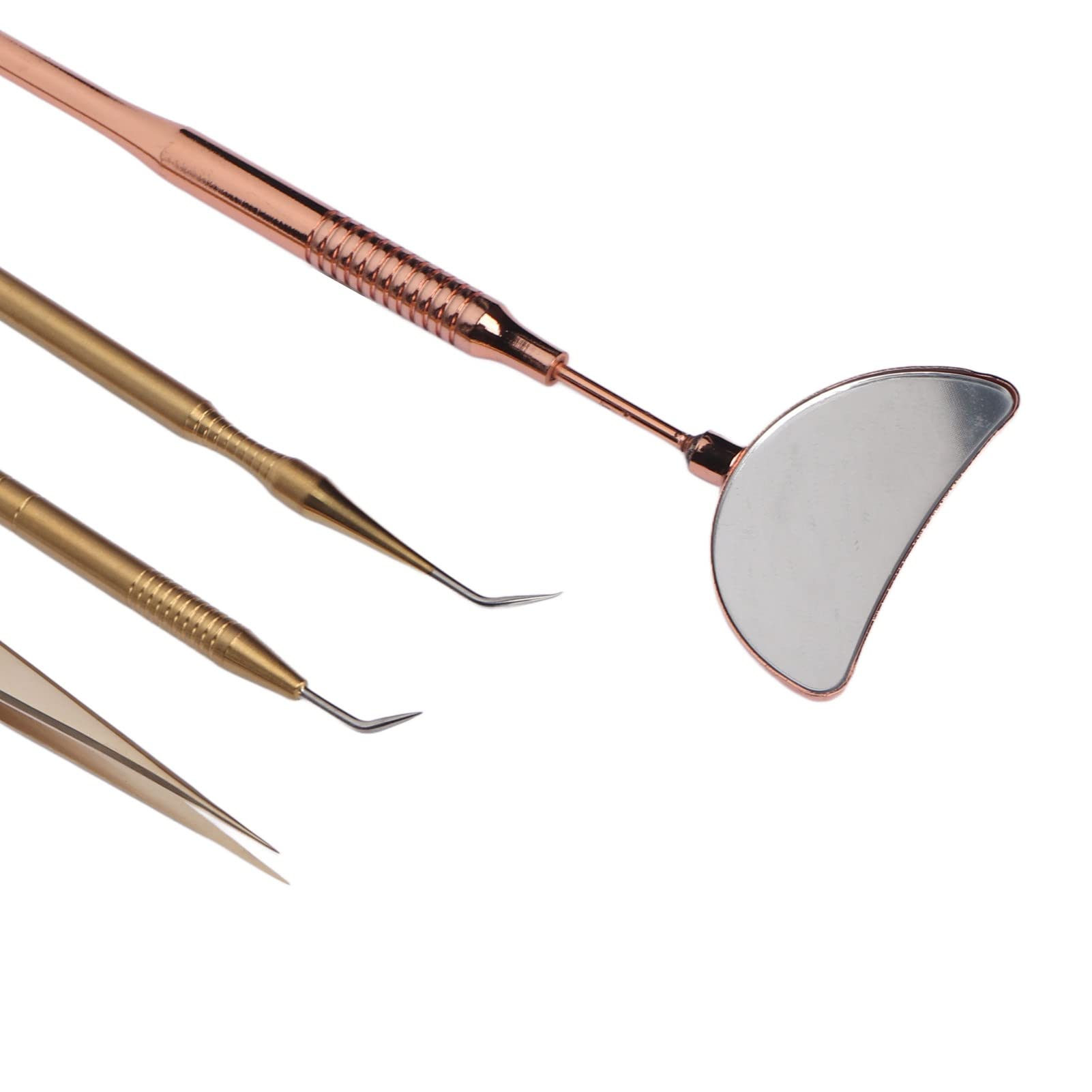 **4PCS Rose Gold Eyelash Extension Mirror & Tweezers Set - Stainless Steel Non-Slip Beauty Salon Tools for Professional Lash Artists & DIY Home Use**