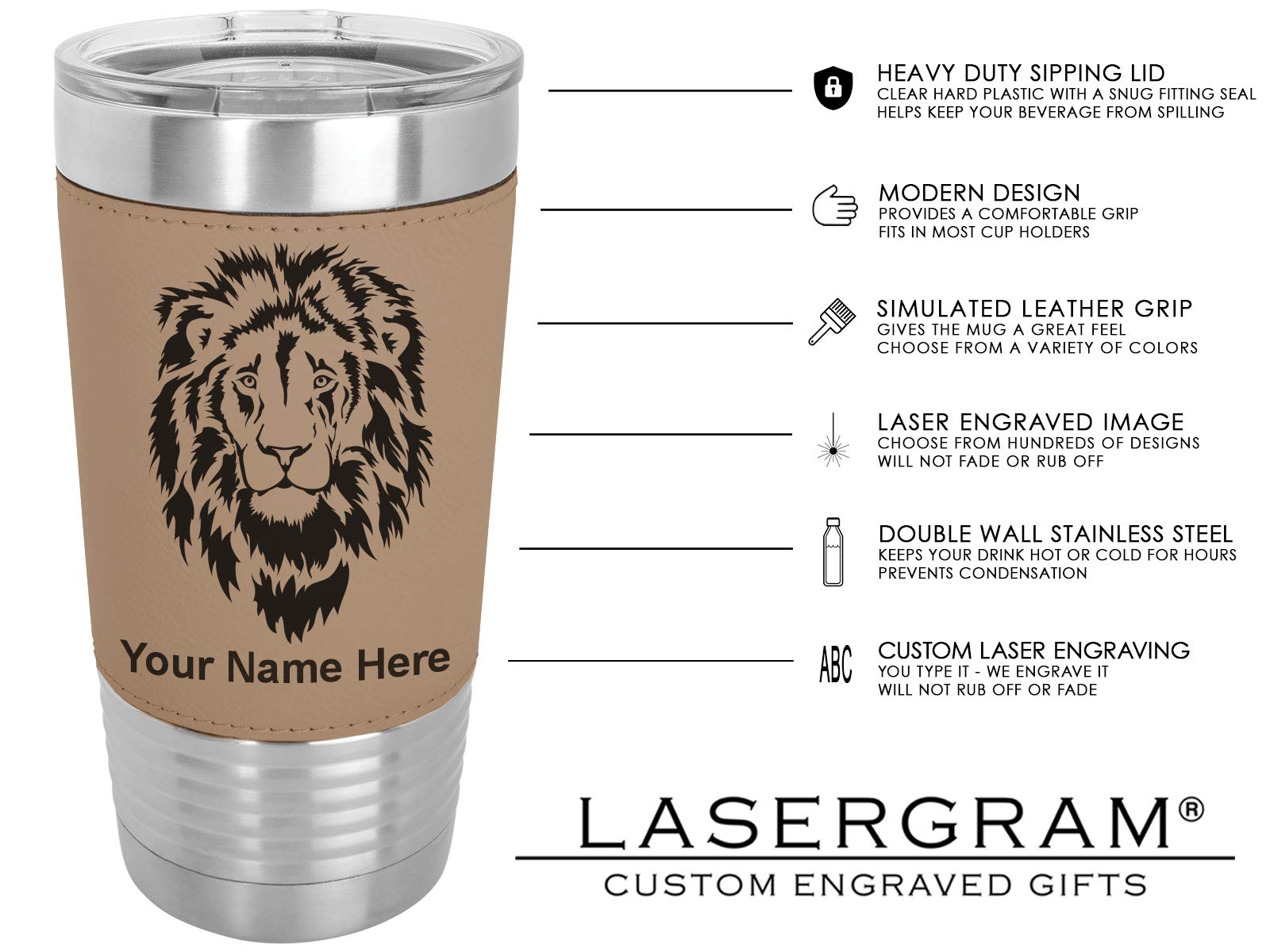 LaserGram 20oz Vacuum Insulated Stainless Steel Tumbler Mug with Musical Notes Design - Personalized Engraving, Faux Leather Lid & Light Brown Finish - Perfect for Coffee, Tea, Cold Drinks at Home, Office or Travel