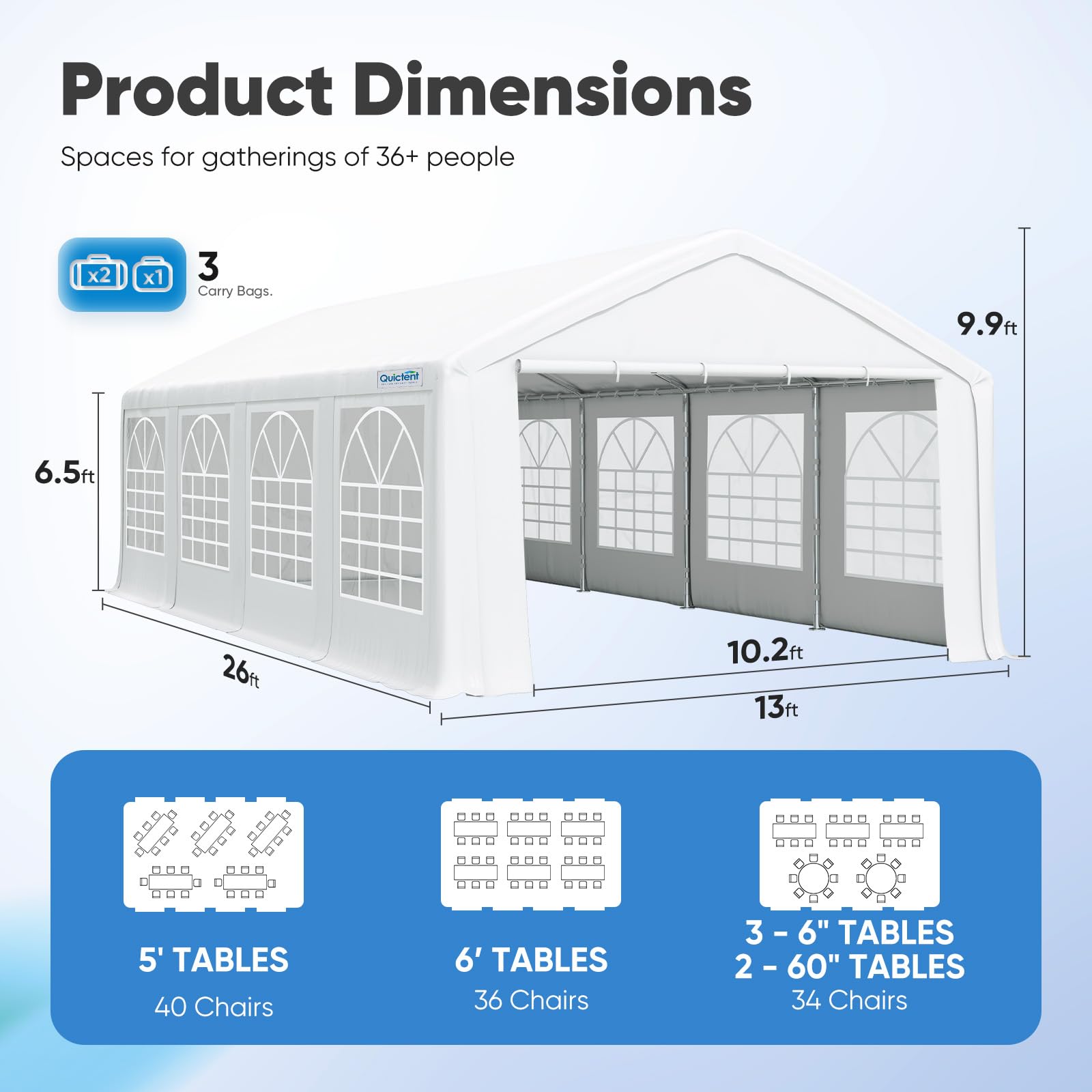 13' x 26' White Party Tent - Waterproof Outdoor Canopy for Weddings, Picnics & Backyard Events