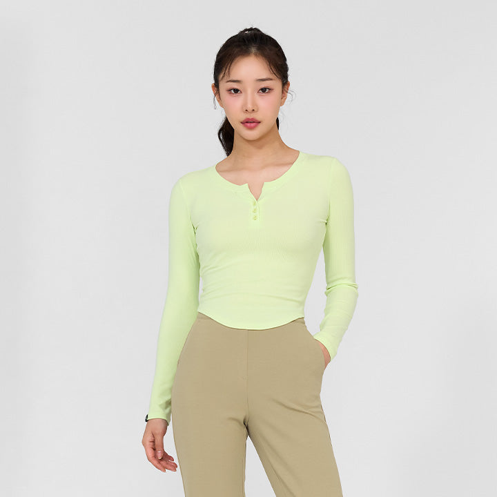 Soft Ribbed Button Long Sleeve T-Shirt for Women - Comfortable Stretch Cotton Top for Casual Wear & Layering