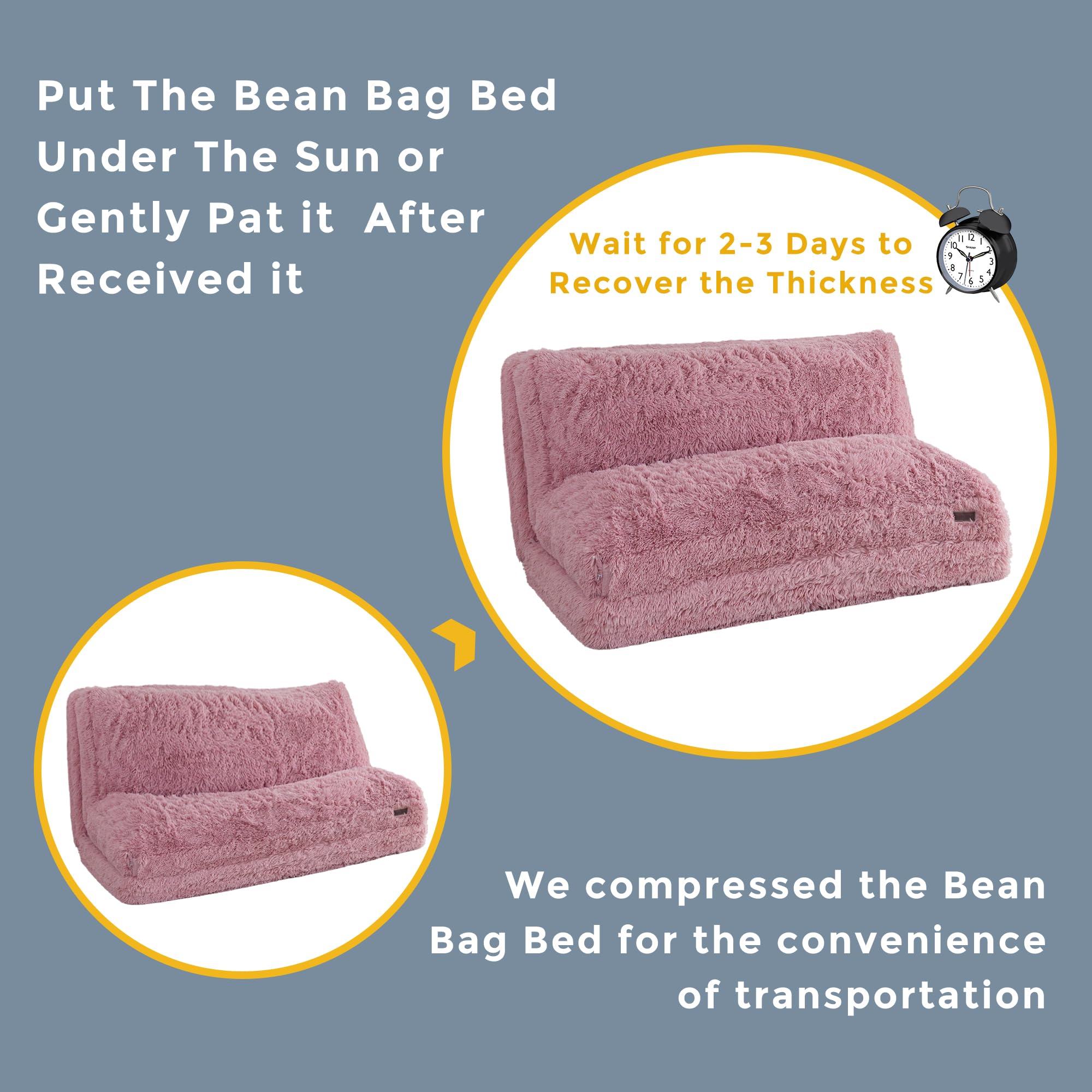 MAXYOYO Faux Fur Bean Bag Chair - Foldable Floor Sofa Bed with Foam Filling, Pink Lounge Chair for Living Room, Bedroom & Dorm | Perfect for Relaxing, Gaming & Sleepovers