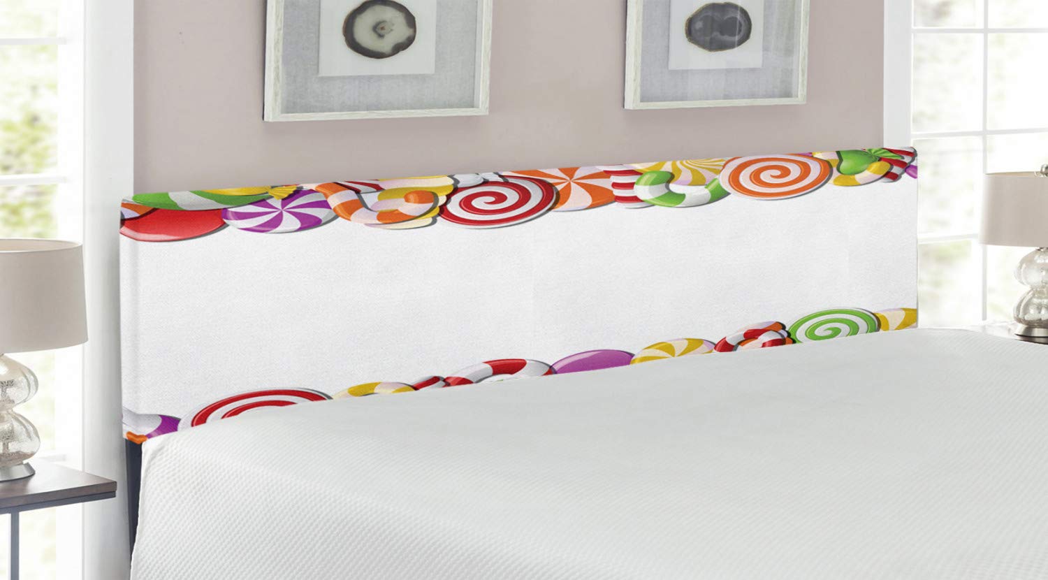 Ambesonne Candy Cane Headboard - Colorful Cartoon Snack Design Upholstered Metal Bed Frame with Memory Foam | King Size Holiday Decor for Christmas Bedroom | Perfect for Festive Home Decor & Kids Room Decoration