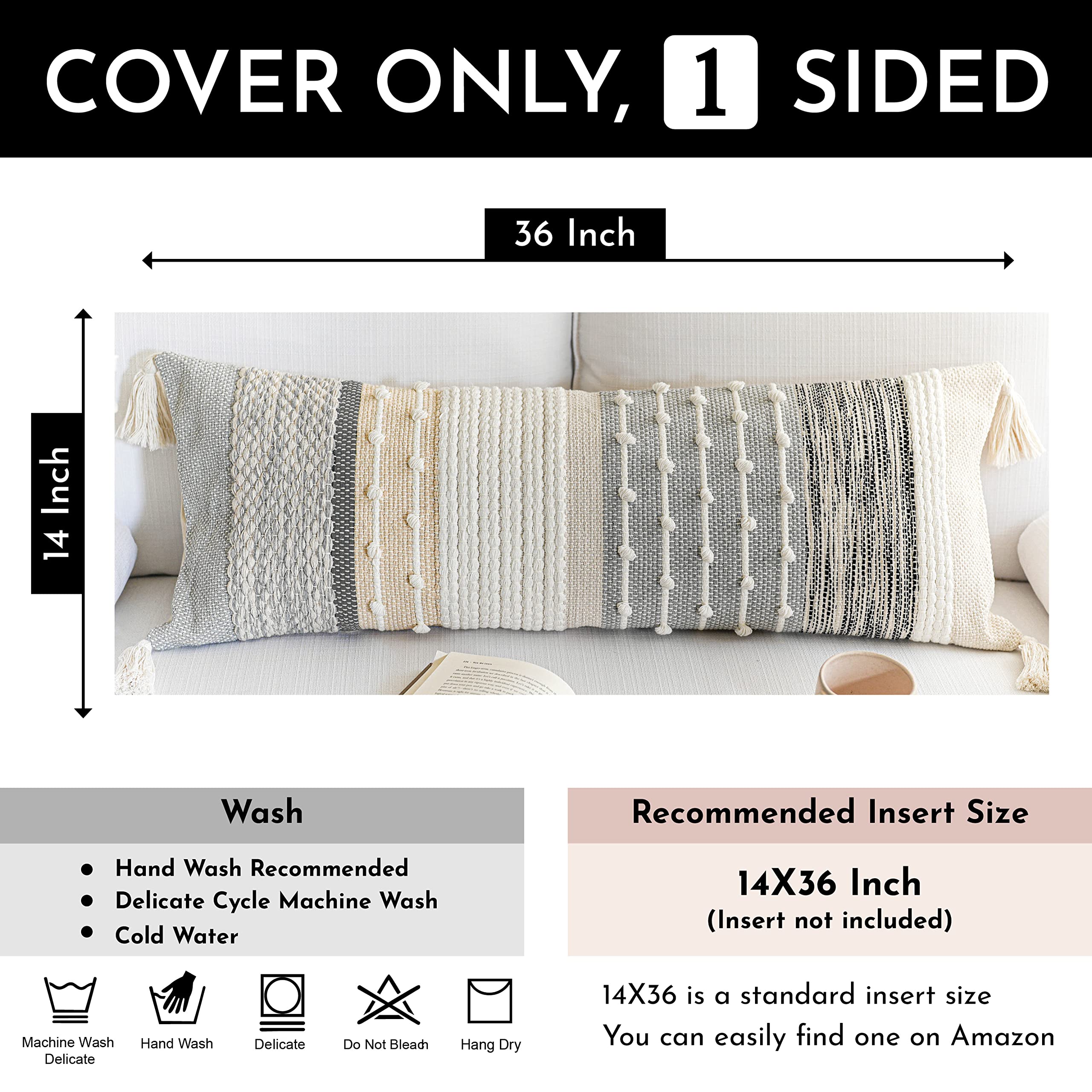 Gray Boho Lumbar Pillow Cover 14x36 - Modern Woven Textured Decorative Throw Pillow Case for Sofa, Bed & Couch - Bohemian Home Decor Accent for Living Room, Bedroom & Nursery