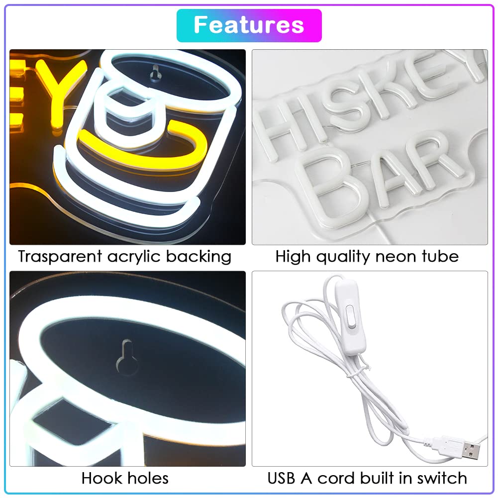 Whiskey Bar Neon Sign - LED Wall Decor for Home Bar, Restaurant & Man Cave - Custom Beer Cafe & Bistro Lighting - Perfect for Parties & Gifts (Use for Bars, Game Rooms & Wedding Decor)