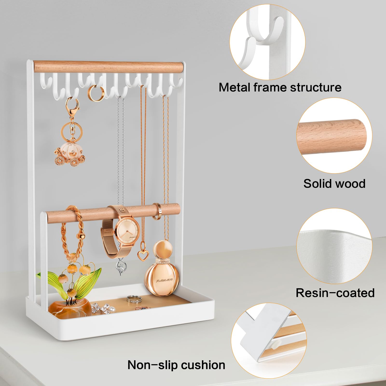 PAMANO 3-Tier Wooden Jewelry Organizer Stand - Necklace Holder with 12 Hooks, Earring Tray & Bracelet Display Rack for Rings, Watches Storage | Perfect for Bedroom Vanity, Closet Organization & Jewelry Store Display