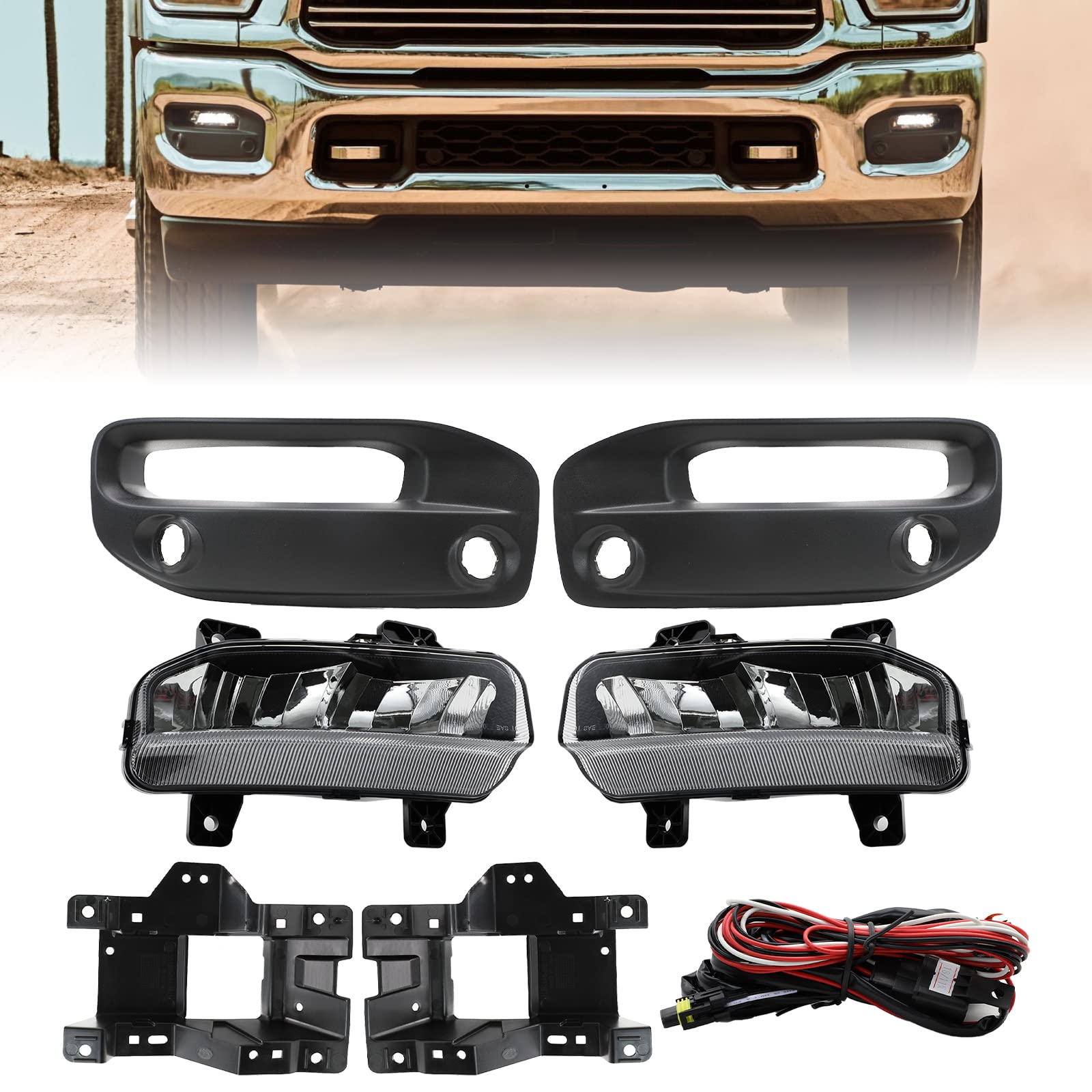 LED Fog Lights for Dodge Ram 2500 3500 (2019-2022) - Front Bumper Fog Light Assembly with Lamp Bracket, Wiring & Switch | Off-Road Driving, Night Visibility Enhancement