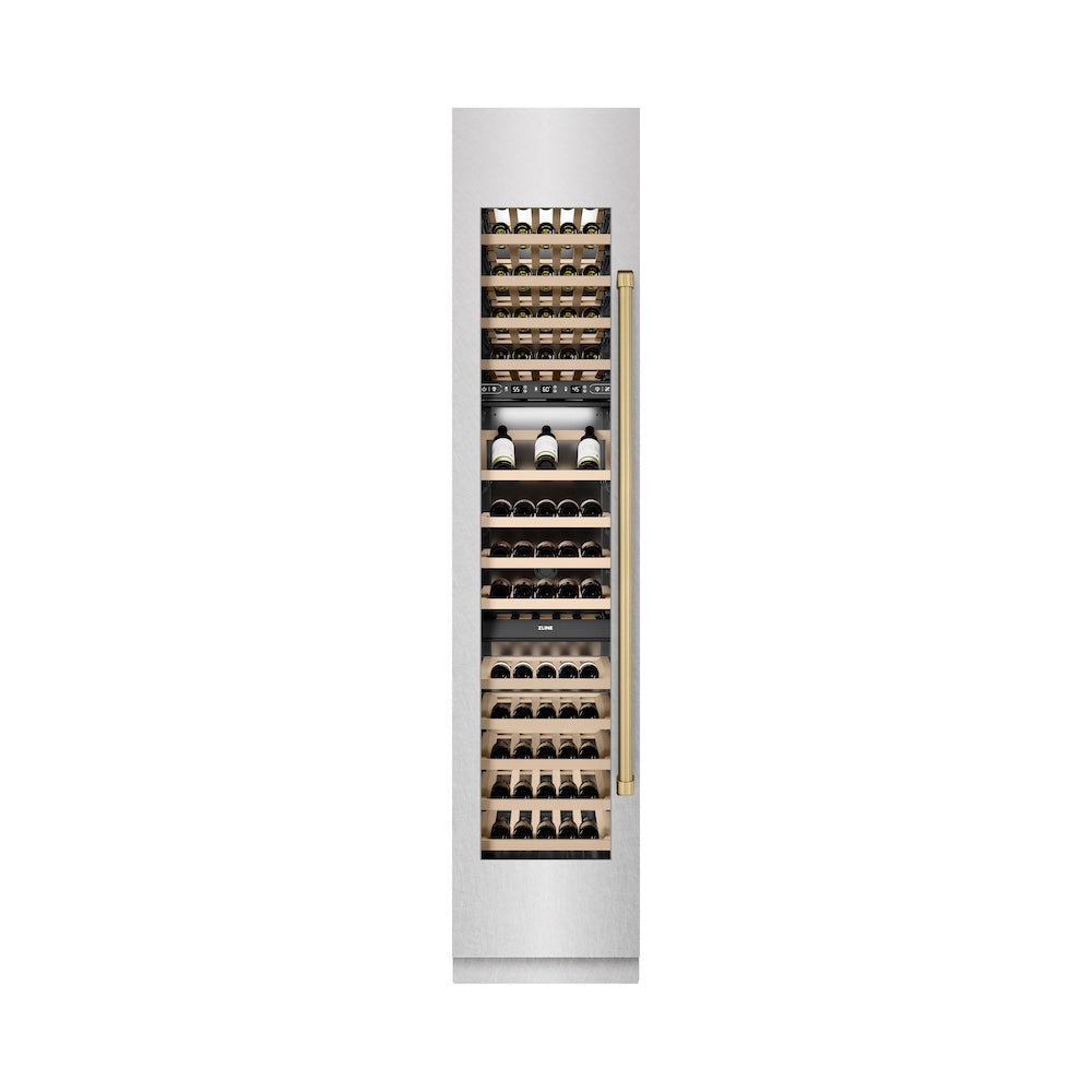 ZLINE Autograph Edition 18-Inch 9.0 cu. ft. Triple Zone 68-Bottle Left Hinge Column Wine Cooler - Satin Stainless Steel with Champagne Bronze Accents (RCWVLZ SN 18 CB) - Perfect for Wine Cellars, Restaurants, and Home Bars