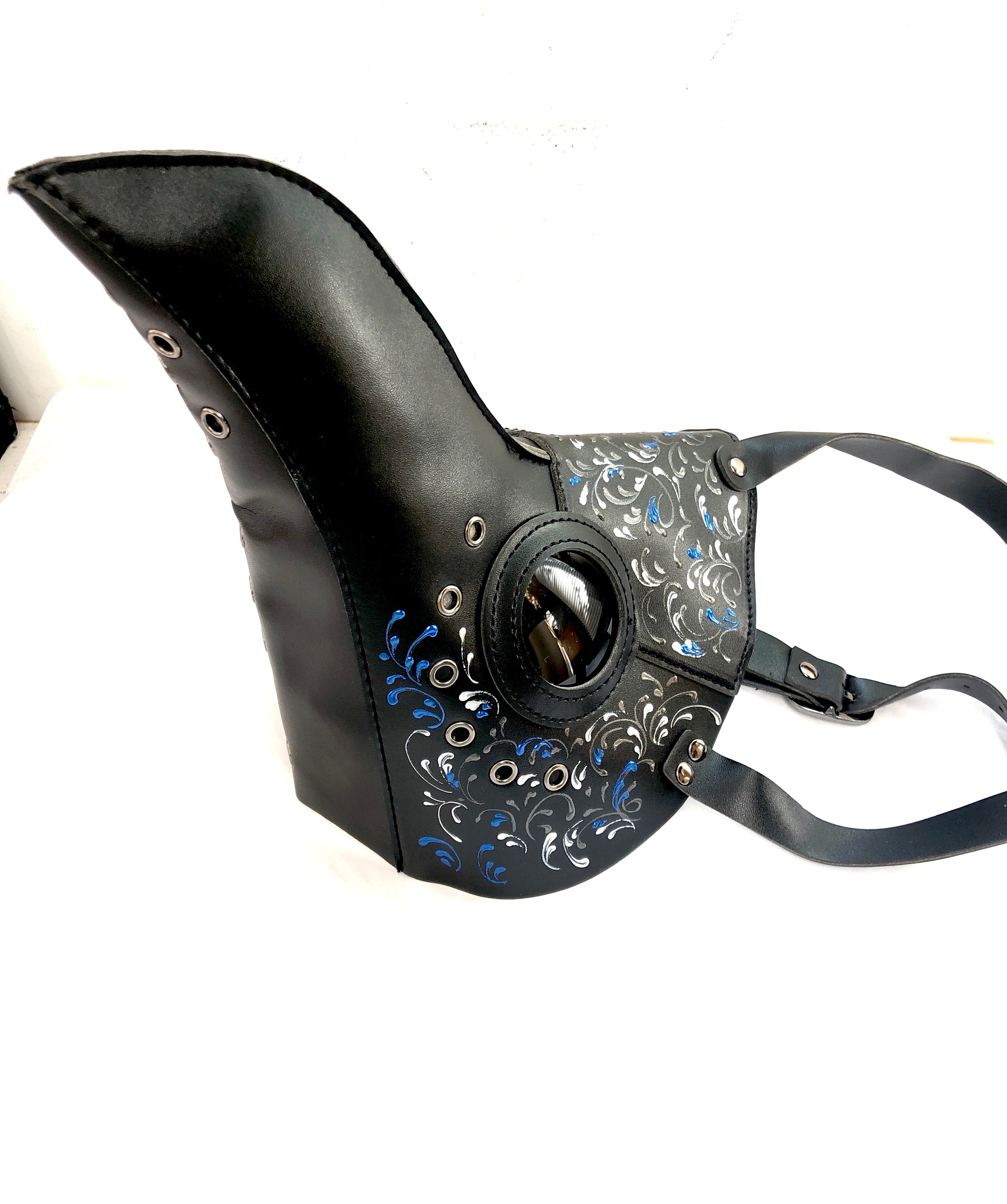 Vegan Leather Plague Doctor Mask - Black & Blue - Perfect for Halloween, Cosplay, and Renaissance Fairs