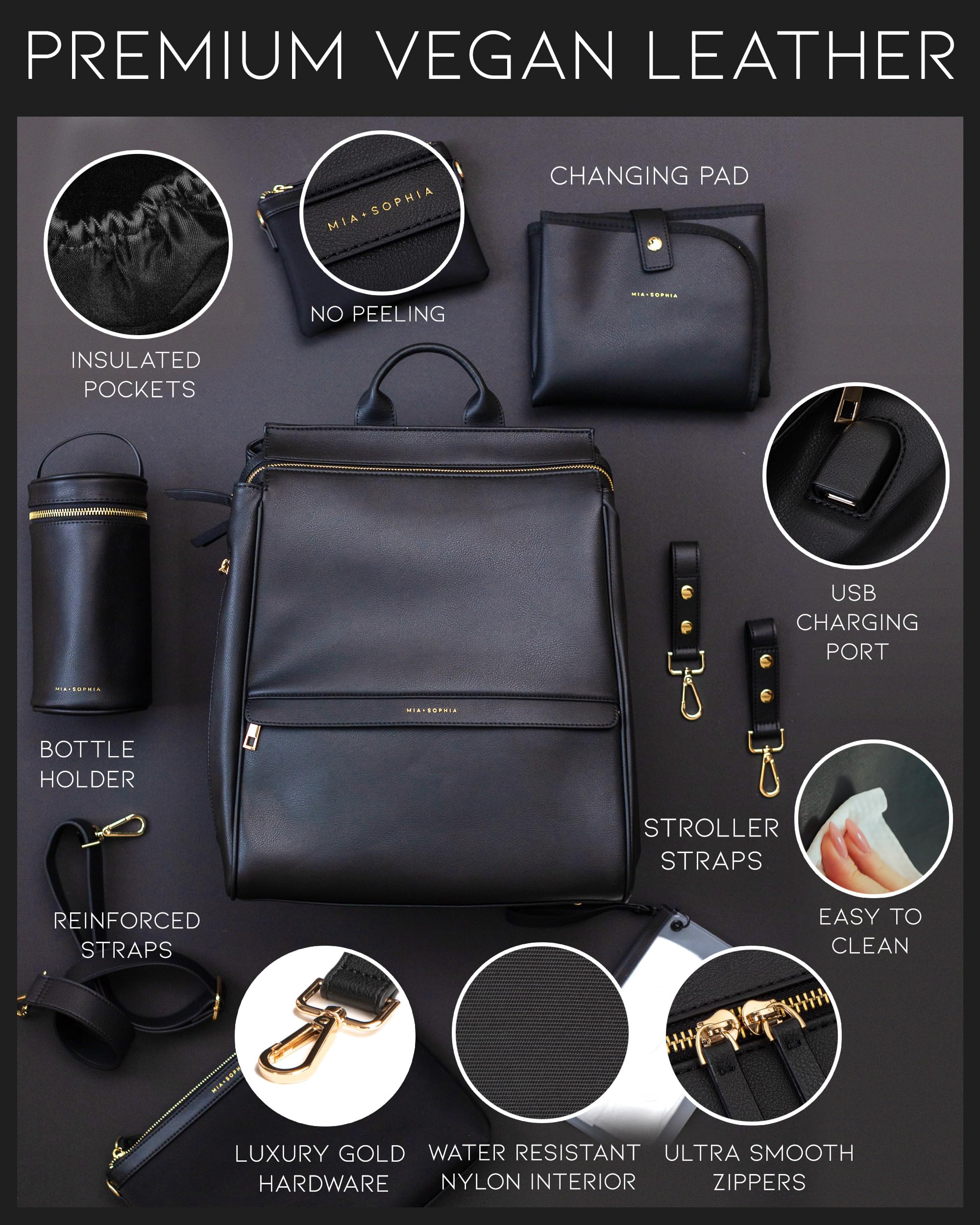 Premium Leather Diaper Bag Backpack with USB Charging Port, Insulated Bottle Holder, Stroller Straps & Waterproof Changing Pad - Stylish Black Sophia for Moms - Perfect for Baby Essentials, Travel, Park Outings & Daily Parenting