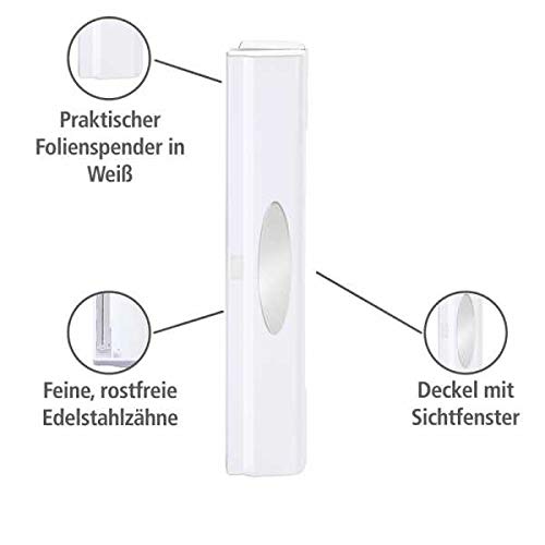 WENKO Plastic Wrap Dispenser with Built-in Cutter, Aluminum Foil & Saran Film Holder for Kitchen Organization, Refillable & Space-Saving (14.96 x 2.05 x 2.64 Inches, White) - Perfect for Food Storage, Meal Prep & Countertop Organization