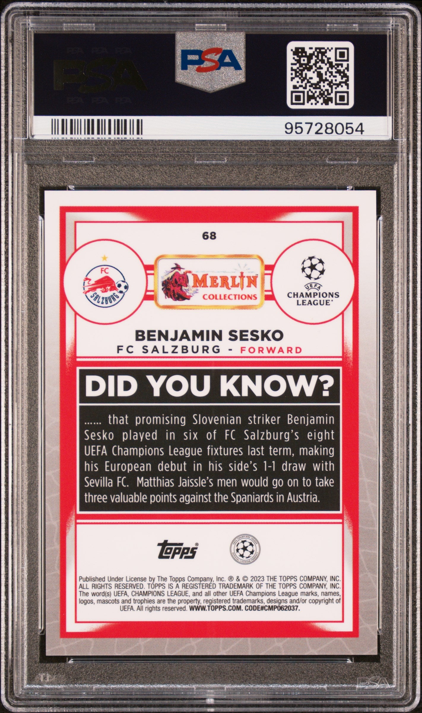 2022-23 Merlin Chrome UEFA Benjamin Sesko #68 Purple Refractor PSA 9 Gem Mint - Rare Soccer Trading Card for Collectors & Investors - Perfect for Display, Trading, and Portfolio Growth