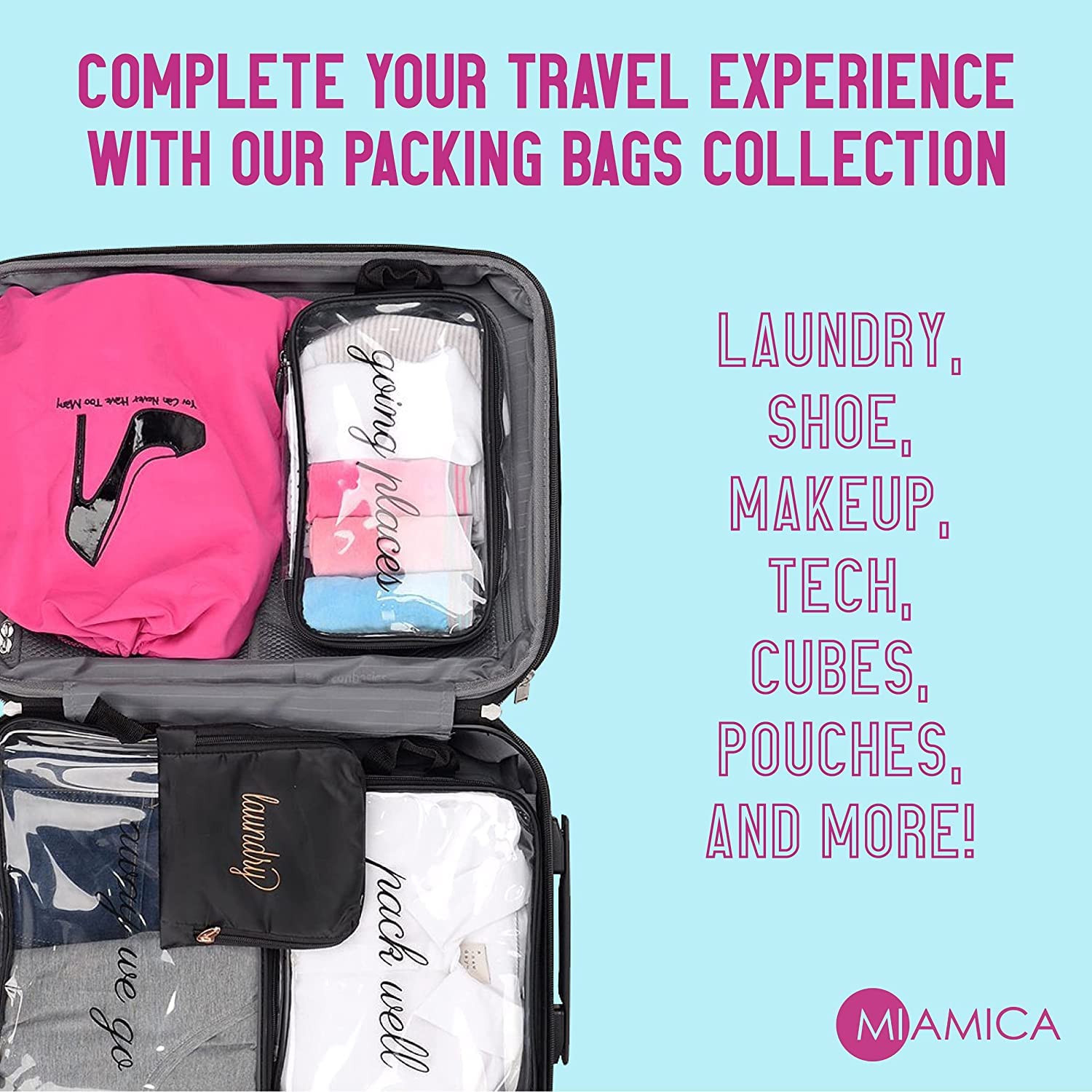 Miamica 3-Piece Packing Cubes Set - Small, Medium & Large Travel Organizers with Clear Blue Wander Design - Durable Suitcase Organizer for Clothes & Accessories - Perfect for Business Trips, Vacations & Weekend Getaways
