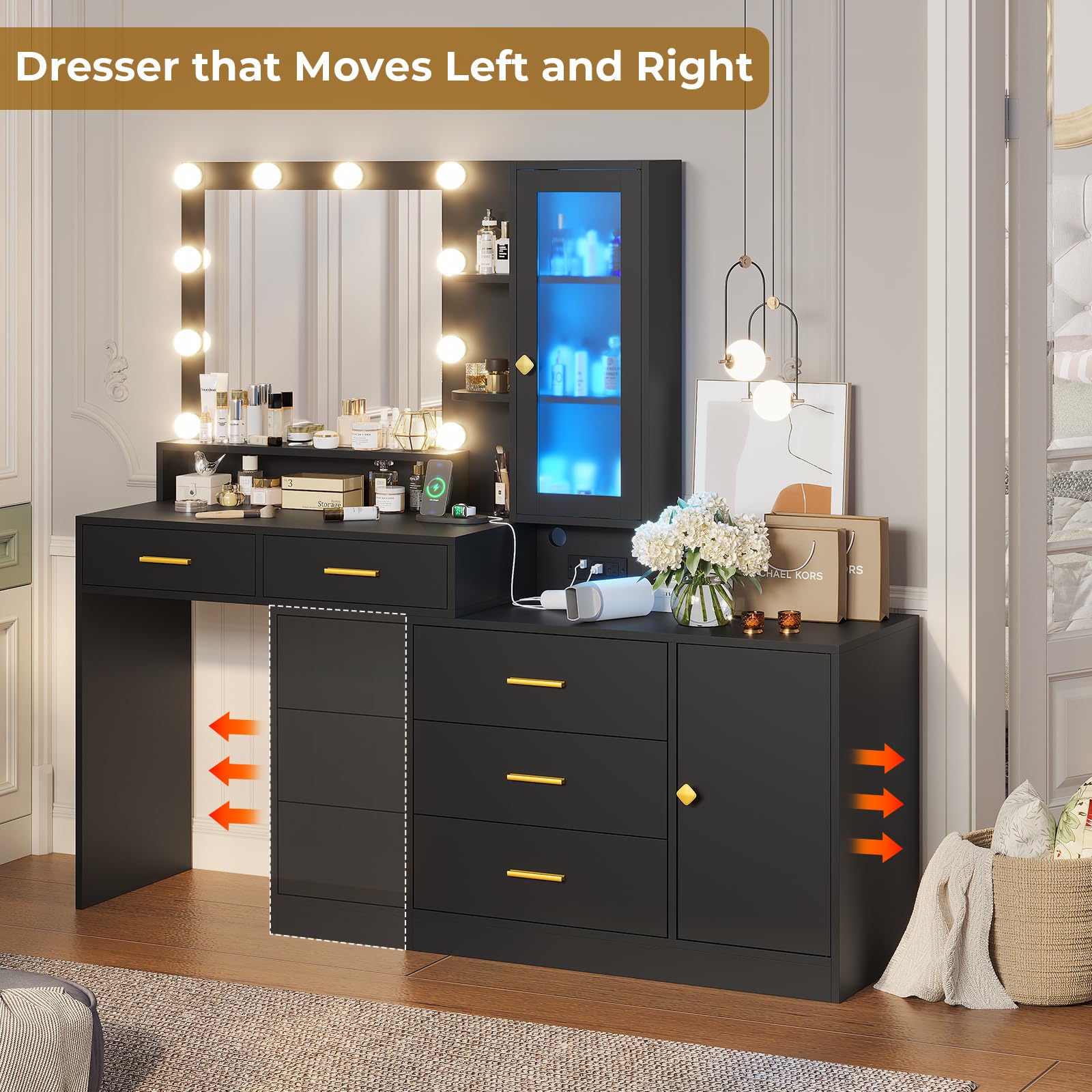 Black Makeup Vanity Desk with LED Lights & Mirror - Dressing Table with Drawers, Shelves & Charging Station - Perfect for Bedroom, Beauty Salon & Home Decor