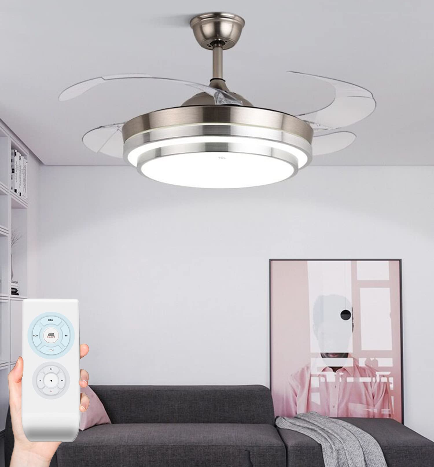 EternalUS 36In Smart Retractable Ceiling Fan with LED Lights - Modern Remote Control Fandelier, Ultra Quiet Motor for Bedroom, Living Room & Dining Room | Indoor Chandelier Ceiling Fan in Silver Finish