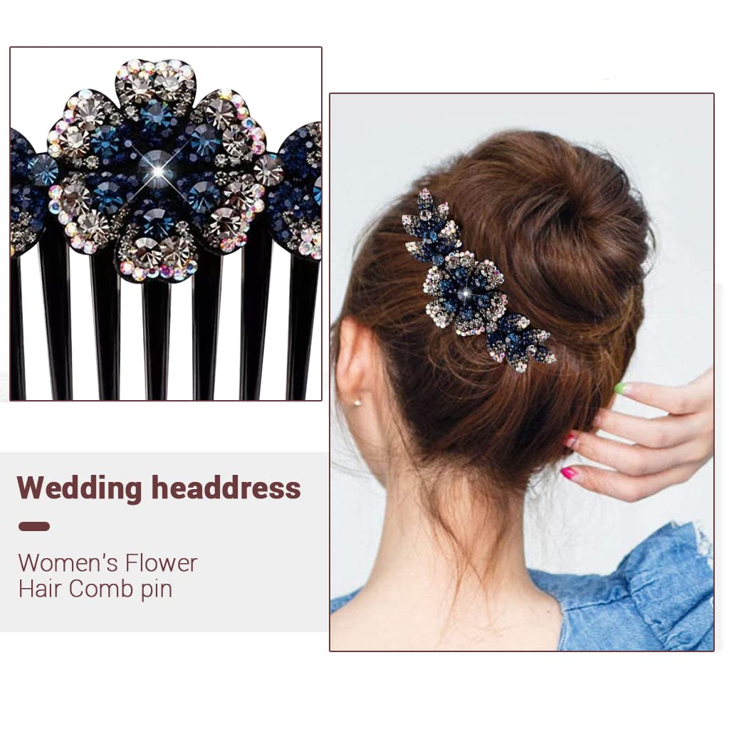 PALAY® Women's Floral Hair Clips - Crystal Barrettes & Hair Combs for Girls & Women, Elegant Bridal Hair Accessories (Dark Blue) | Perfect for Weddings, Parties & Everyday Styling
