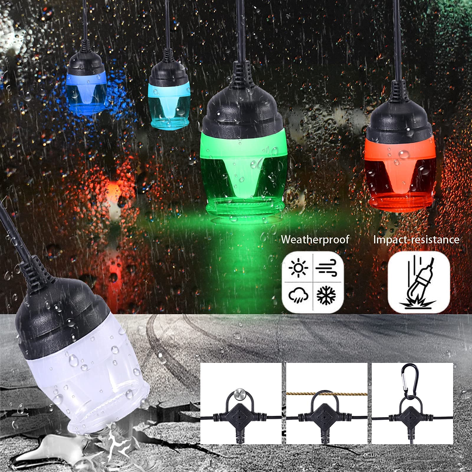 Outdoor LED String Lights Waterproof RGB Dimmable with Music Sync - 50ft Hanging Party Lights for Patio, Backyard, Garden, Cafe, Porch Decor - Perfect for Holiday, Wedding & Outdoor Atmosphere (White/Warm White)