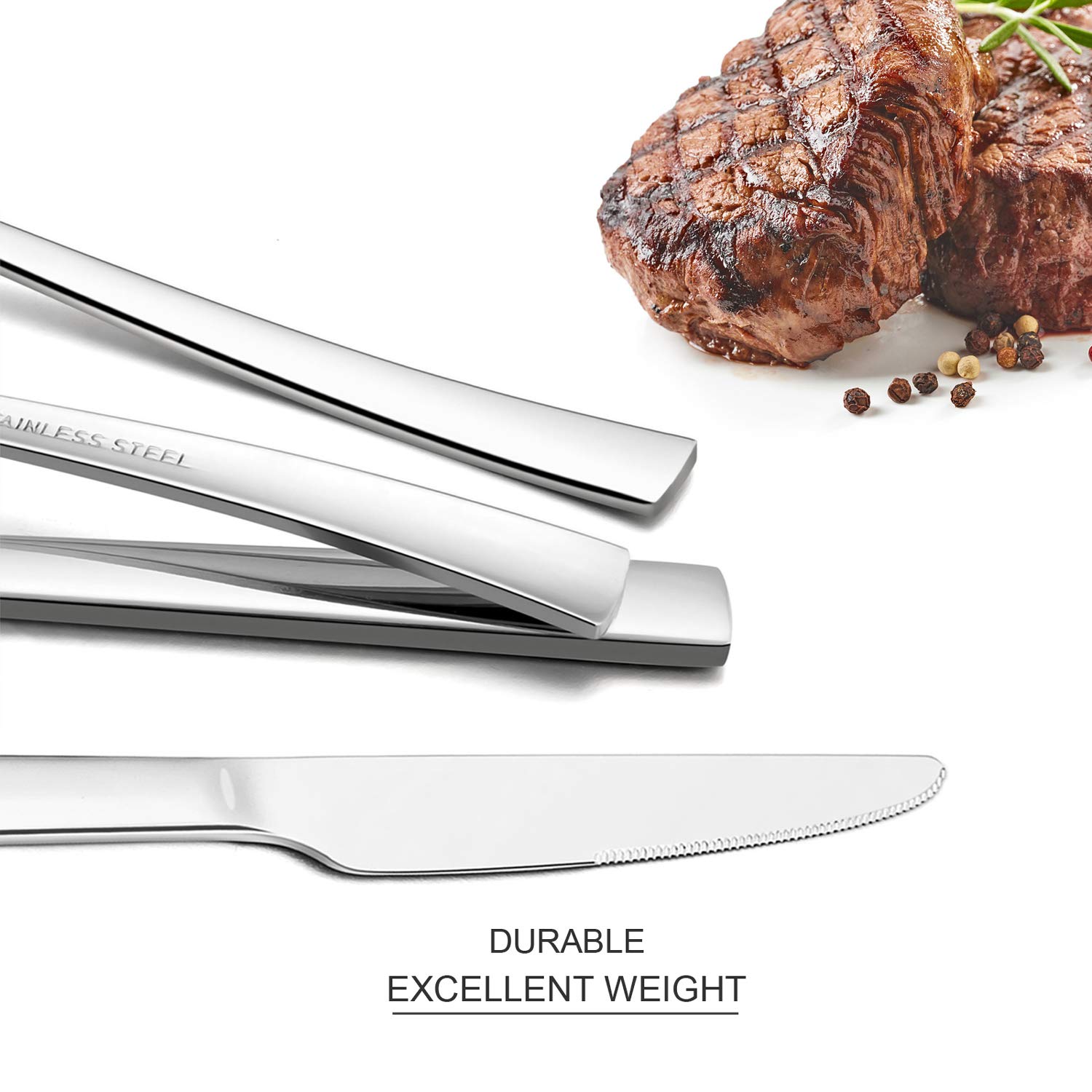 Premium 24-Piece Stainless Steel Flatware Set with Steak Knives - Mirror Polished, Dishwasher Safe Silverware for Everyday Dining & Special Occasions - Modern Elegant Cutlery for Restaurants, Dinner Parties & Home Use