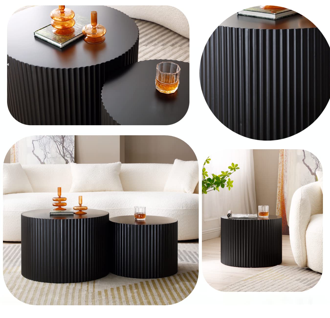 Handcrafted MDF Round Nesting Coffee Table Set of 2 - Black End Tables for Living Room & Office | Space-Saving Modern Home Decor for Small Spaces