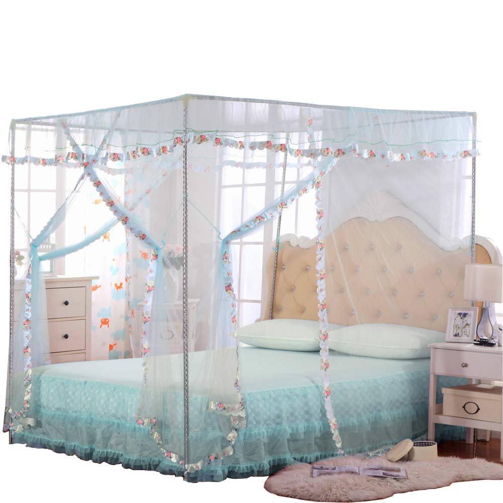 Light Blue Twin Size Canopy Bed Curtains - 4 Corner Canopy for Girls & Adults, Elegant Bedroom Decor for Romantic & Boho Style Bedrooms