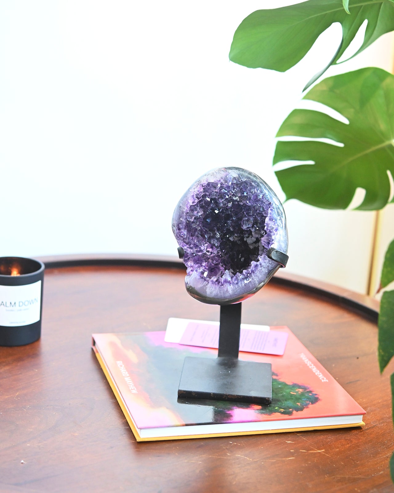 Natural Amethyst Geode on Wooden Stand - 5.2lbs Raw Purple Crystal Cluster - Home Decor, Meditation & Healing Stone - Perfect for Living Room, Office or Gift