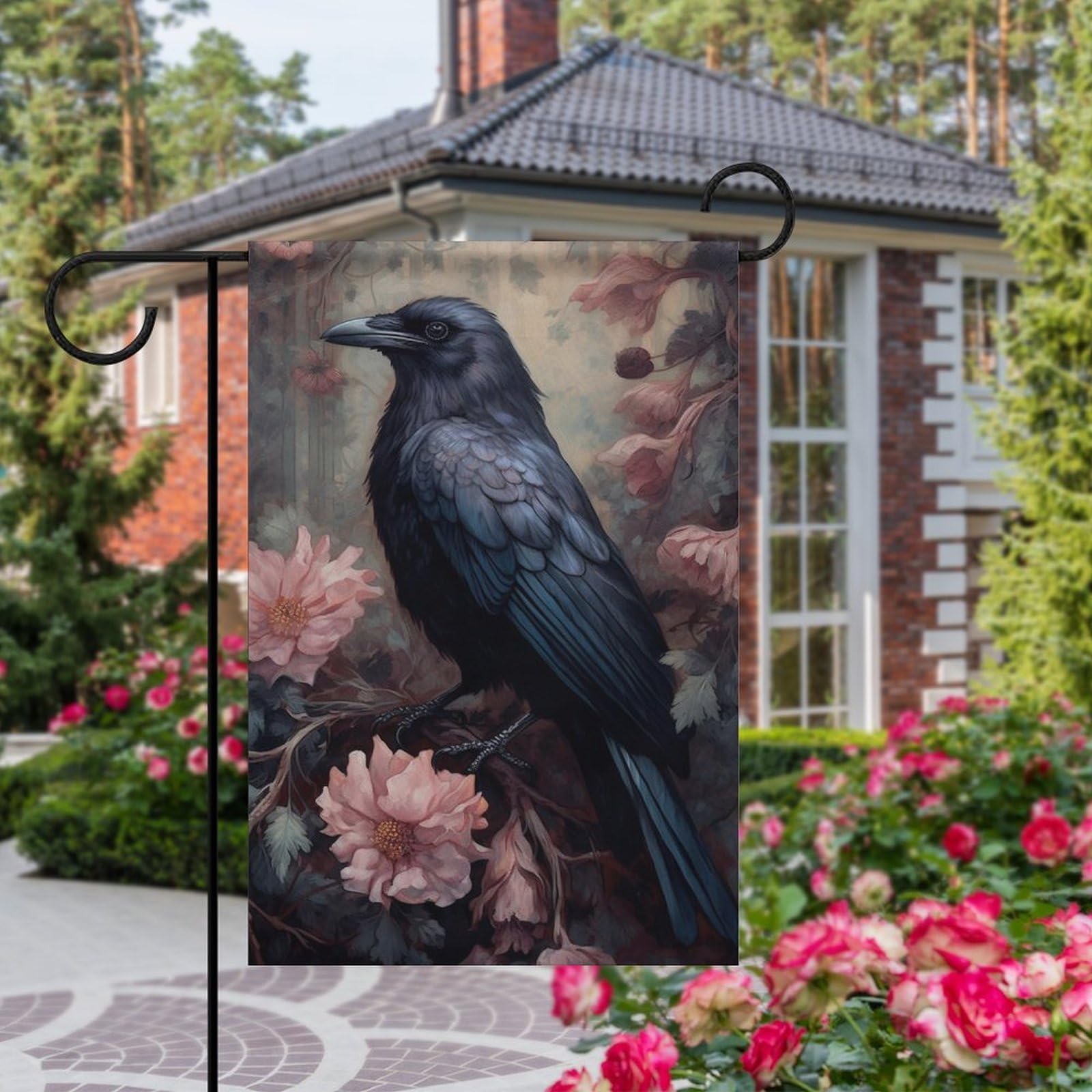 Gothic Halloween Raven Flower Garden Flag - Double Sided Black Crow Yard Flag 12x18 Inch for Outdoor Seasonal Holiday Decoration | Perfect for Front Porch, Lawn, and Home Decor