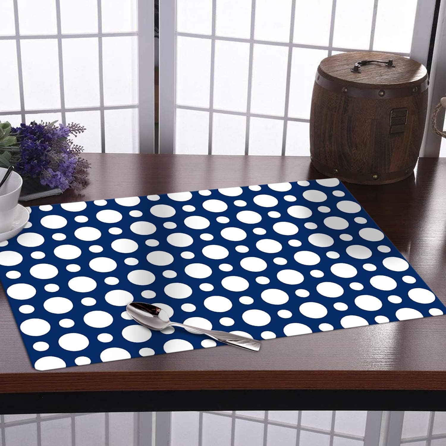 Kuber Industries Waterproof Table Mat Set of 6 | Non-Slip Dot Print Heat-Resistant Placemats | Washable Kitchen Counter & Dining Table Mats for Home, Office, Restaurant (Blue) | Perfect for Daily Meals, Parties & Decor