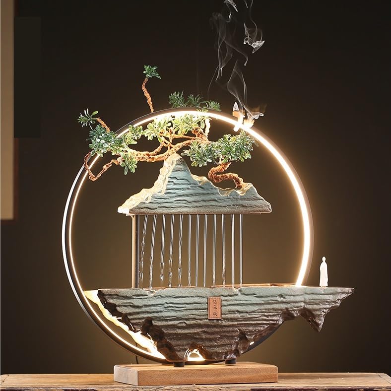 Zen Desktop Water Fountain with Rockery & Feng Shui Wheel - Small Tabletop Fountain for Home Office Decor, Relaxing Indoor Water Feature with Circulating Pump - Perfect for Meditation, Stress Relief & Feng Shui Wealth Enhancement