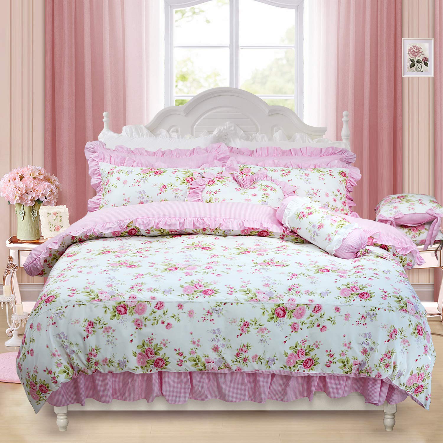 FADFAY Shabby Chic Pink Duvet Cover Set with Rose Floral Pattern - Elegant Princess Lace Ruffle Bedding Collection - 4 Piece Twin Size Quilt Cover for Girls - Perfect for Teen Bedrooms, Princess Themed Decor & Cozy Sleepovers