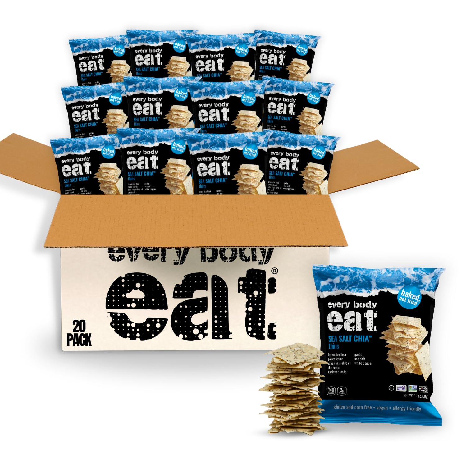 Every Body Eat Snack Thins - Gluten Free, Vegan Sea Salt Chia Crackers (Pack of 20) | Healthy School Lunch Snacks, Dairy Free Snacks for Kids & Adults | Perfect for On-the-Go, Office, and Picnics